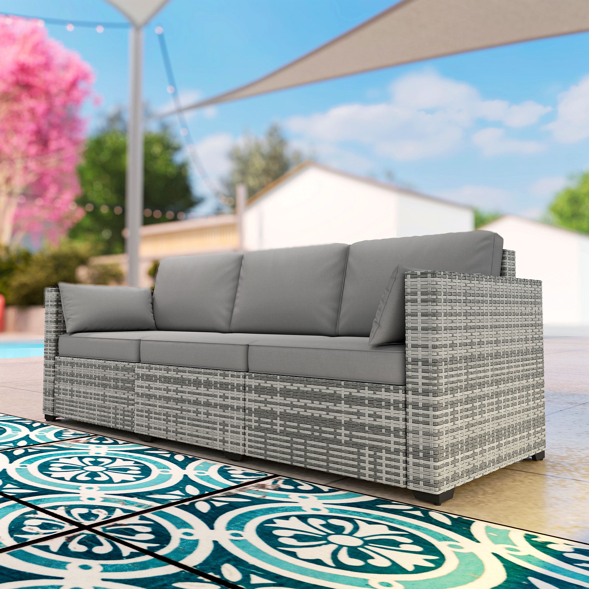 Patio Couch PE Wicker Deep Seating Outdoor Sofa with Removable Cushions, 3 Seater Rattan Sofa, Outdoor Furniture for Balcony, Deck, Garden and Poolside, Gray