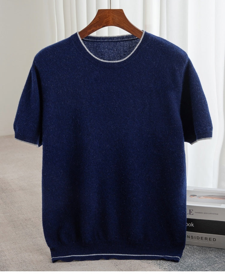 Pure Wool Half Sleeve Men's Color-block Crew Neck Knitted Short Sleeve