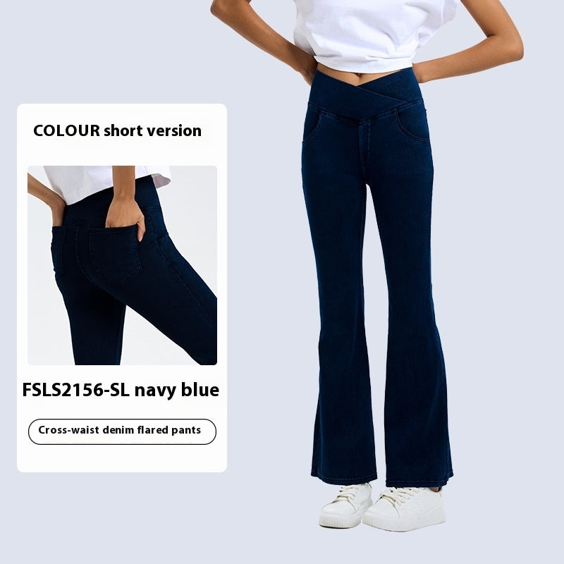 Cross Waist Jeans Women's High Elastic Hip Lifting Sport Bell-bottom Pants