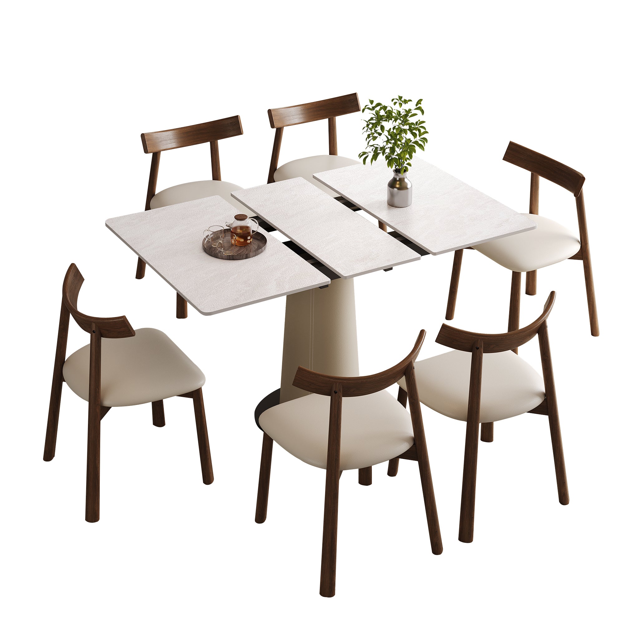 Retractable Rock Slab Dining Table Set  Modern 7-Piece Expandable Table With 6 Wooden Leg Chairs & Leather-Wrapped Base  Space Saving Kitchen Set For Small Apartments