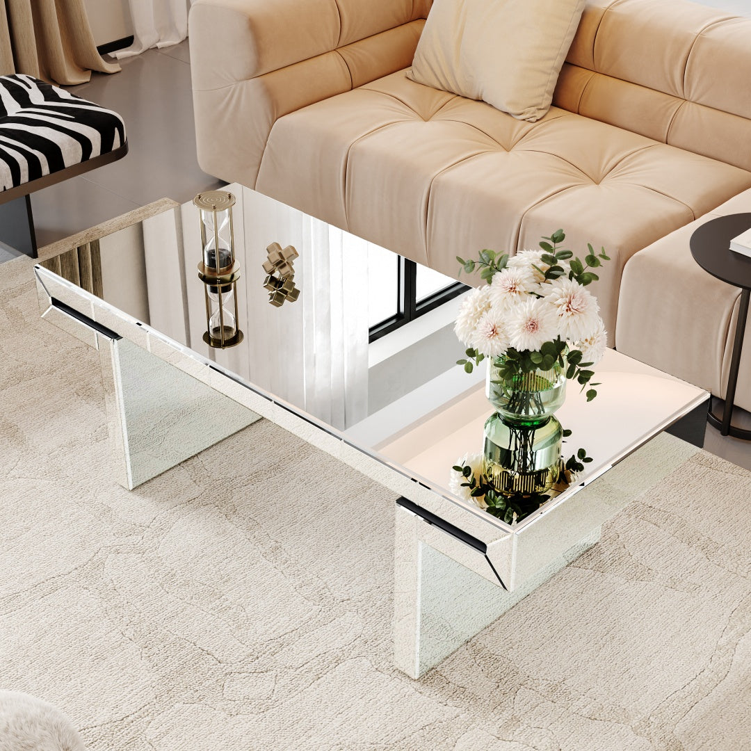 47 Inches Luxury Rectangular Mirror Coffee Table With Fluted Tempered Glass, Modern Sofa Side Table, Easy 2-Step Assembly, Light Luxury Style, Reinforced Packaging
