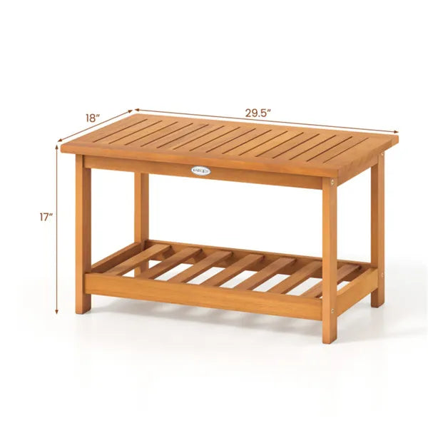 Sturdy Slatted Outdoor Coffee Table With Lower Shelf, Indoor Outdoor Multi-Purpose Center Table