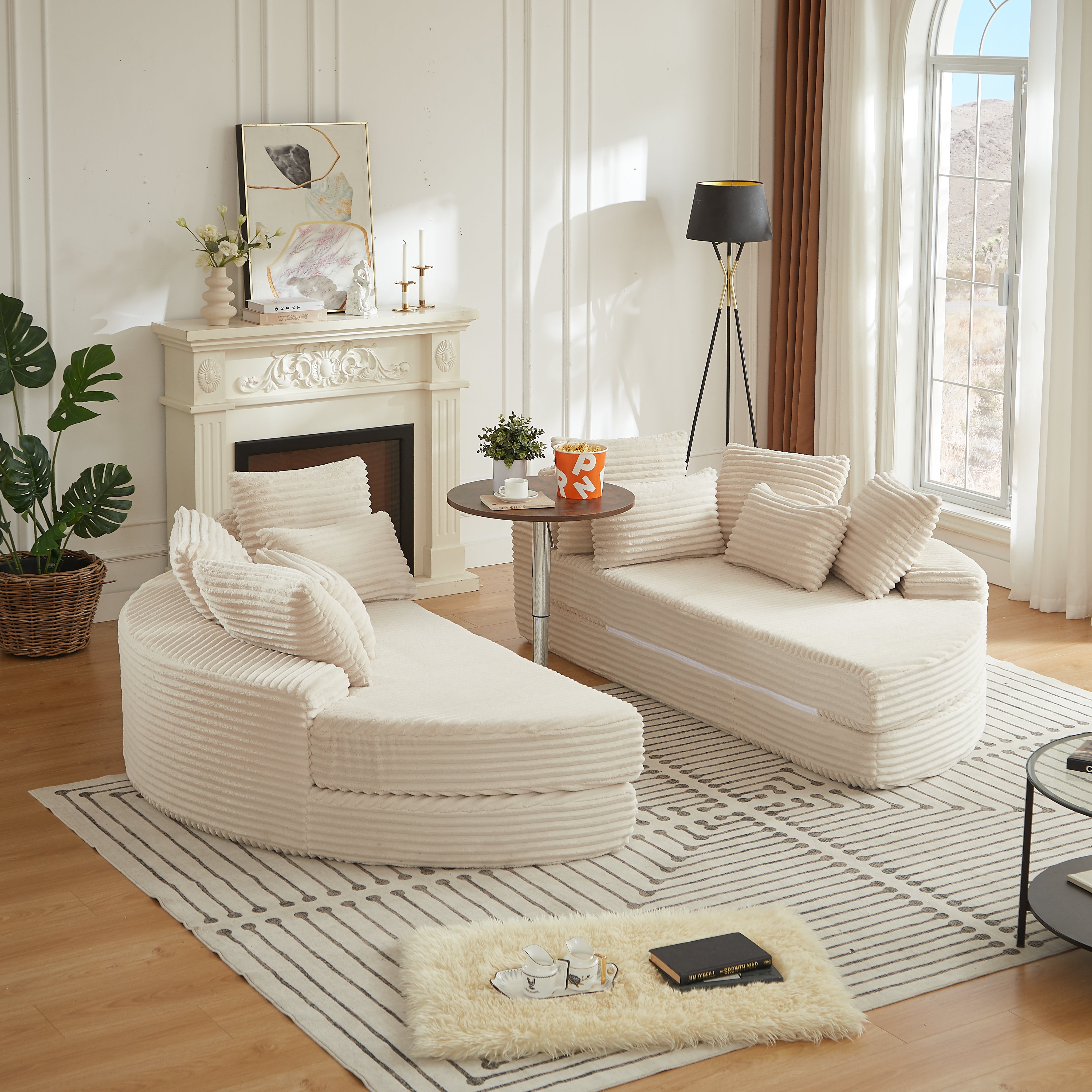 78.5-inch Corduroy Round Oversized Recliner, Converts Into Two Recliners, 2-In-1 Sofa Bed, Neck Pillow Design With Five Throw Pillows