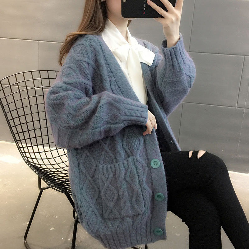 Fried Dough Twist Solid Color Sweater Coat Women Lazy Loose Knit Cardigan