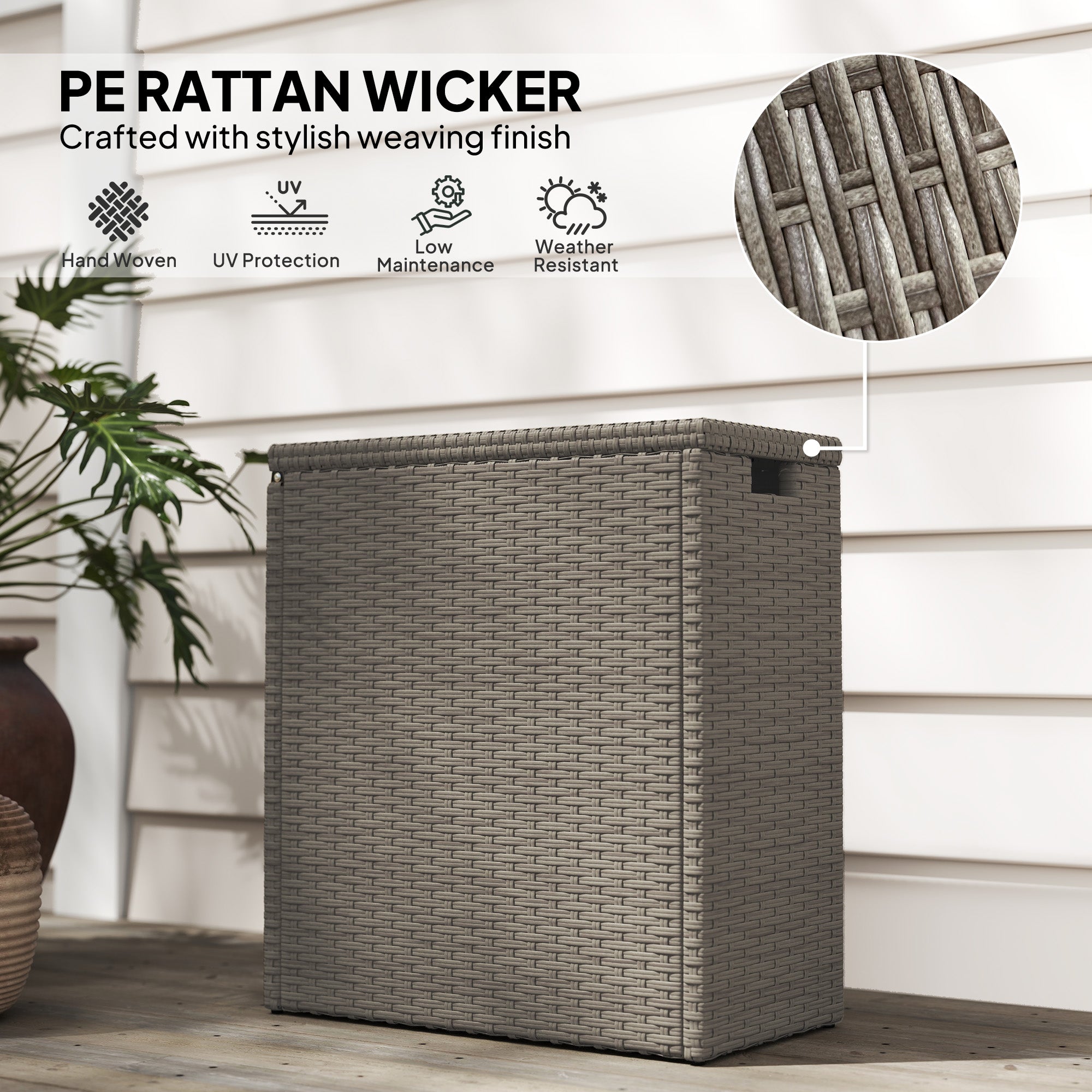 17-Gallon Small Deck Box, Wicker Outdoor Storage Box with Acacia Wood Top for Patio Cushions and Garden Tools, Teak