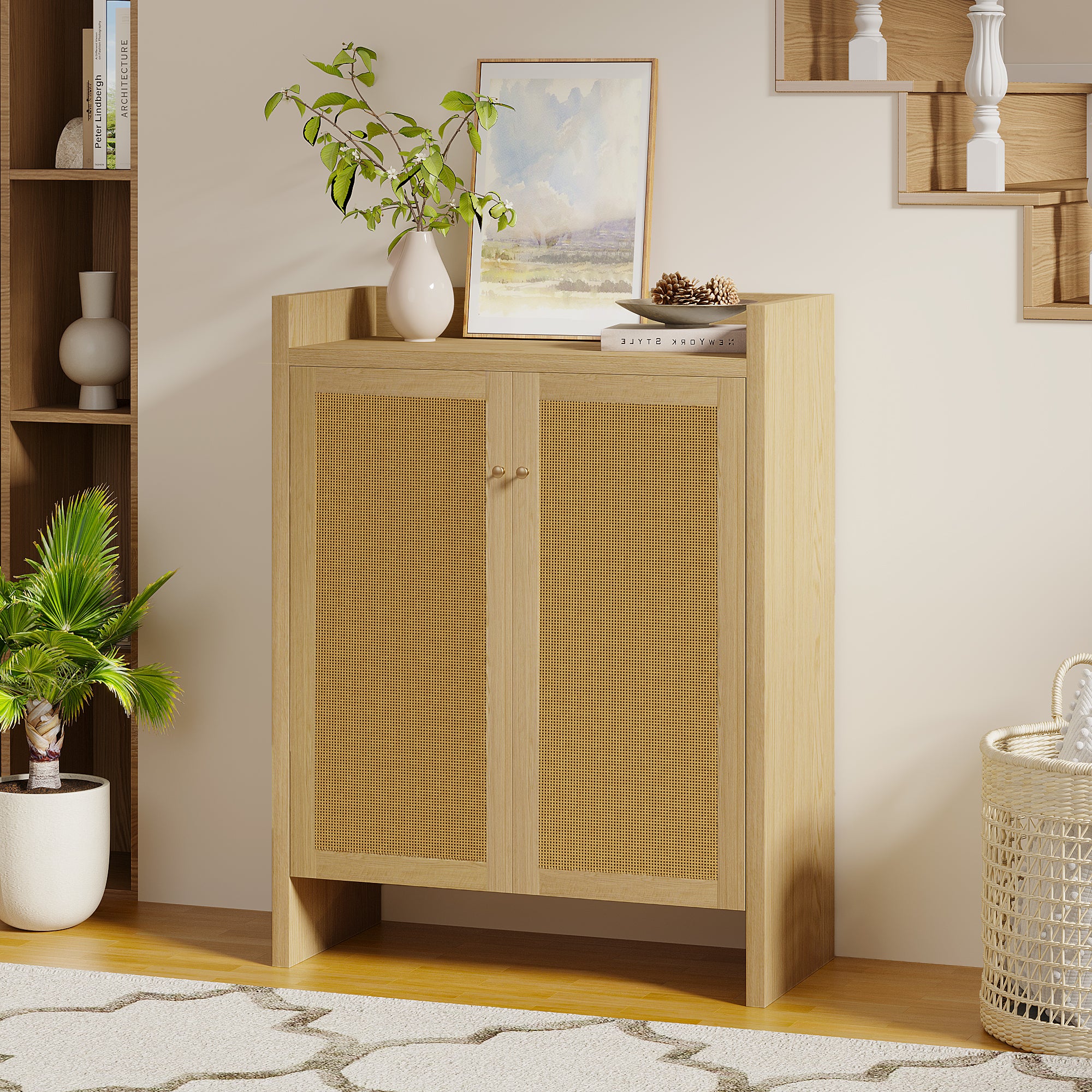 42.5 Tall Rattan Shoe Cabinet With Doors, 6-Tier Shoe Storage Cabinet With Adjustable Shelves, Wooden Freestanding Shoe Organizer Shoe Cabinet For Entryway,Hallway,Living Room Natural