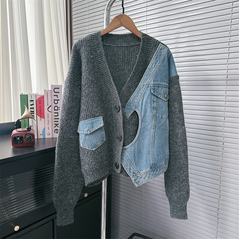 Design Sense Niche Stitching Denim Sweater Coat Fake Two-piece Knitted Cardigan