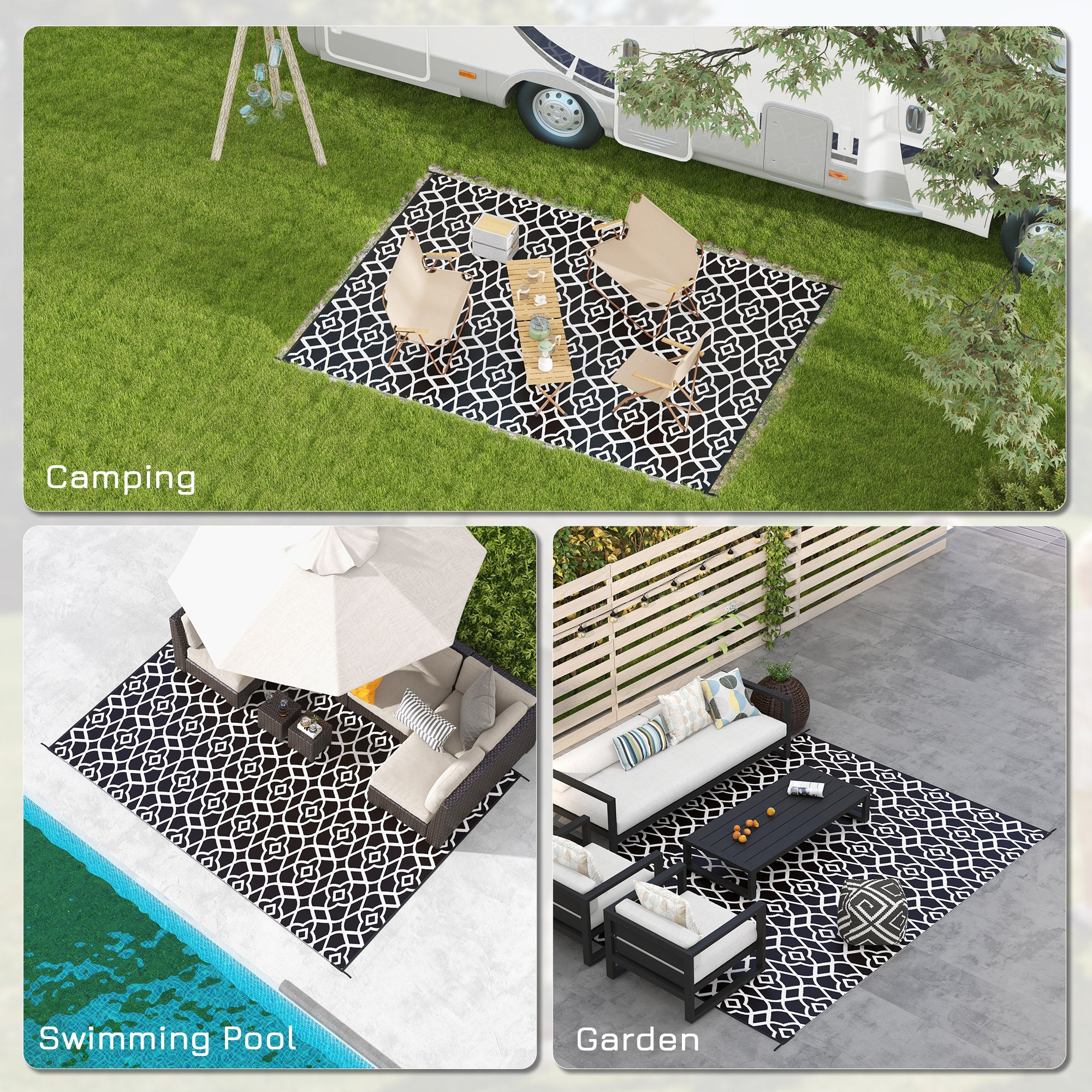 Reversible Outdoor Rug Carpet RV Camping Rugs With Carry Bag, 9' X 12', Black & White Clover