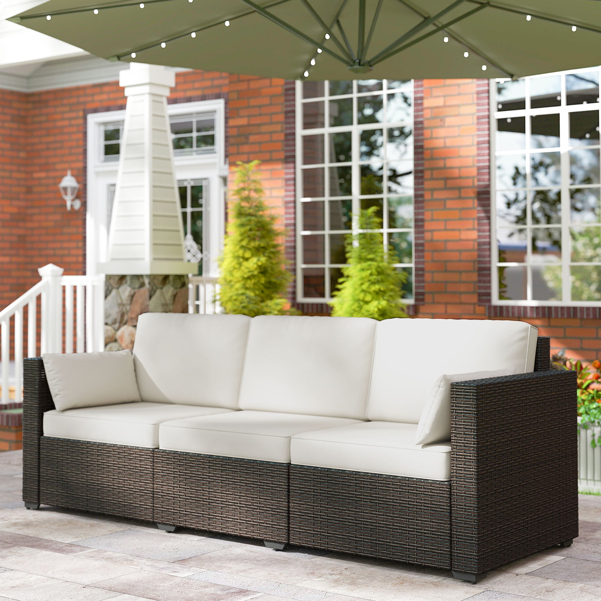 Patio Couch PE Wicker Deep Seating Outdoor Sofa with Removable Cushions, 3 Seater Rattan Sofa, Outdoor Furniture for Balcony, Deck, Garden and Poolside, Cream White