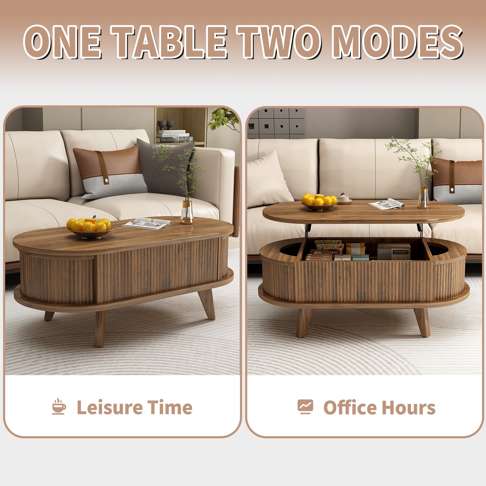 Fluted Lift Top Coffee Table With Hidden Compartment, Wooden Center Table, Modern Oval Lift Tabletop For Home Living Room Office, Walnut Brown Color