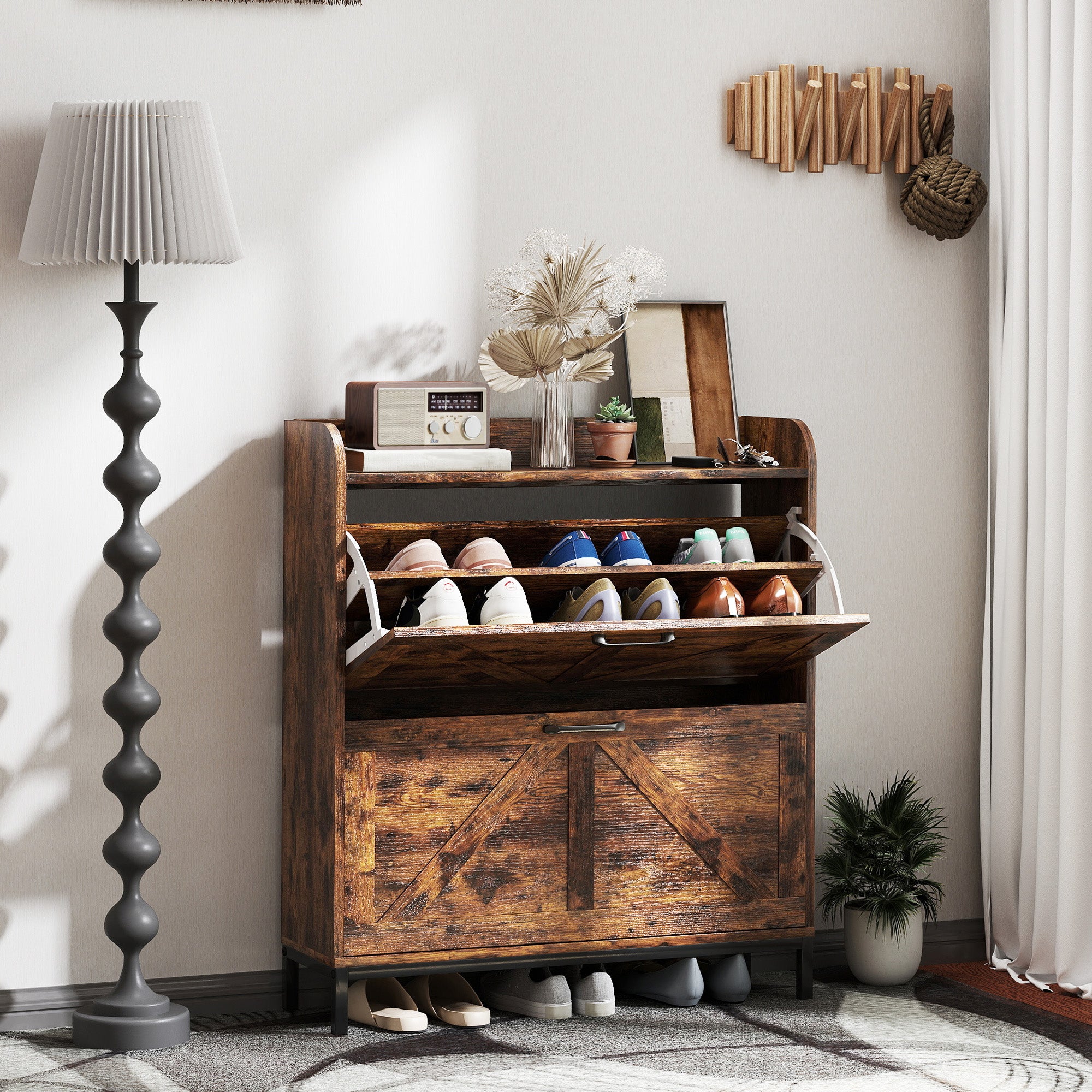 Shoe Cabinet Organizer with 2 Flip Drawers, Legs, Narrow Shoe Storage Cabinet for Entryway, Hallway, Rustic Brown