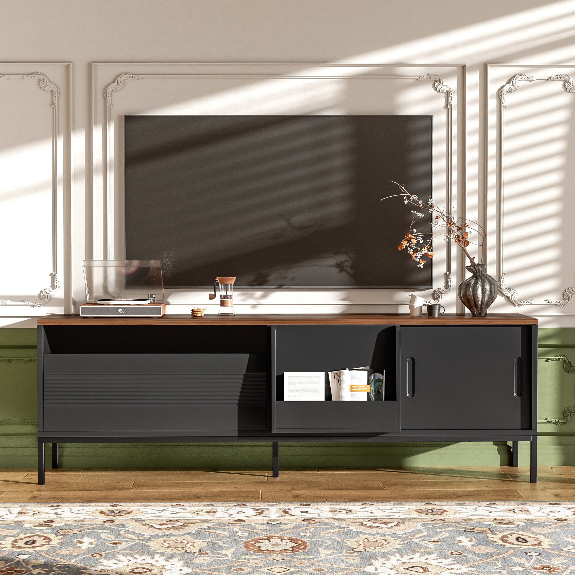 U-Can 70.8'' Modern TV Stand For TVs Up To 75 Inches, Entertainment Center With Storage Space, Sliding Doors, Adjustable Shelves And Metal Frame, Mid Century Modern Media TV Console Table For Living R