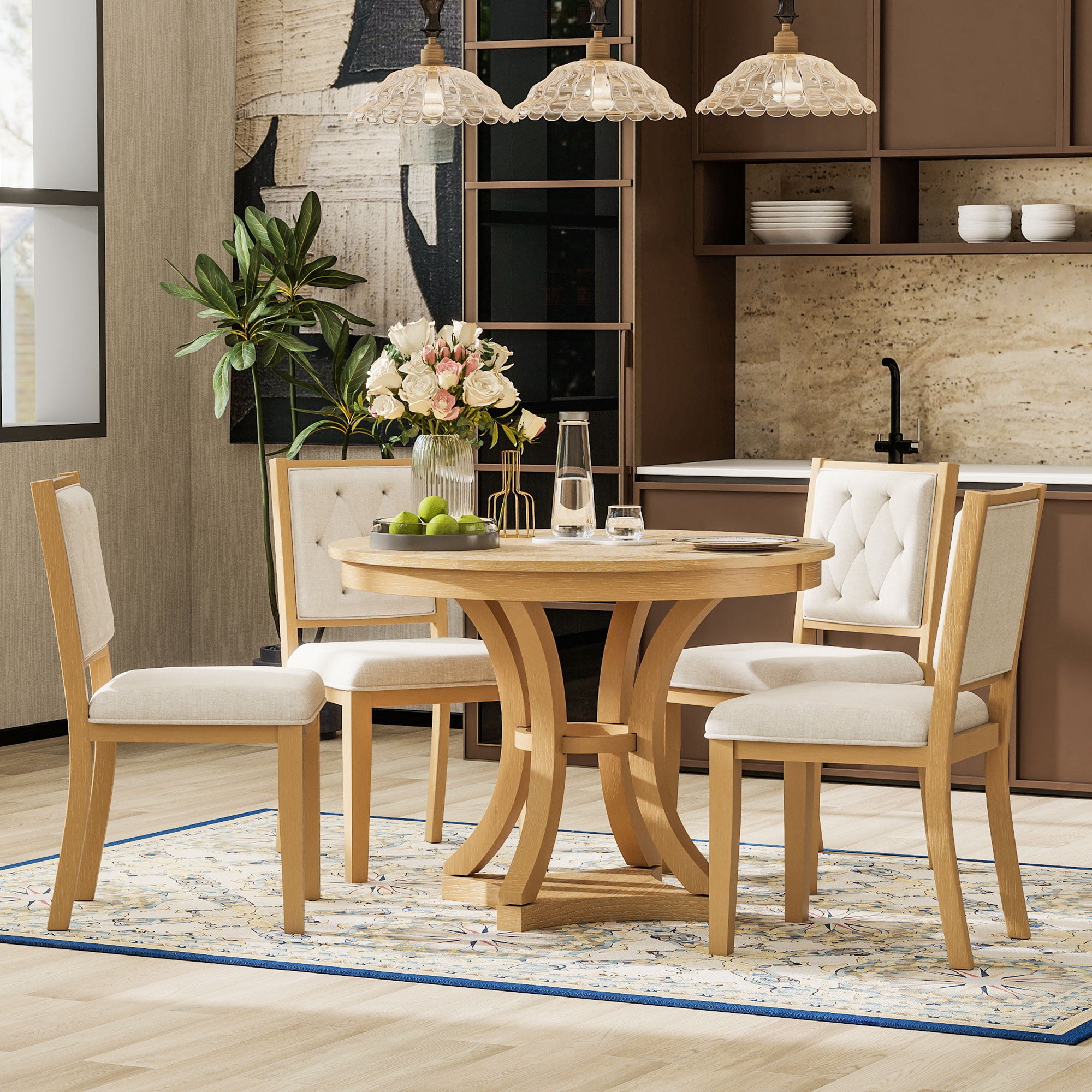 TREXM 5-Piece Retro Functional Dining Table Set Extendable Round Table And 4 Upholstered Chairs For Dining Room And Living Room  Natural