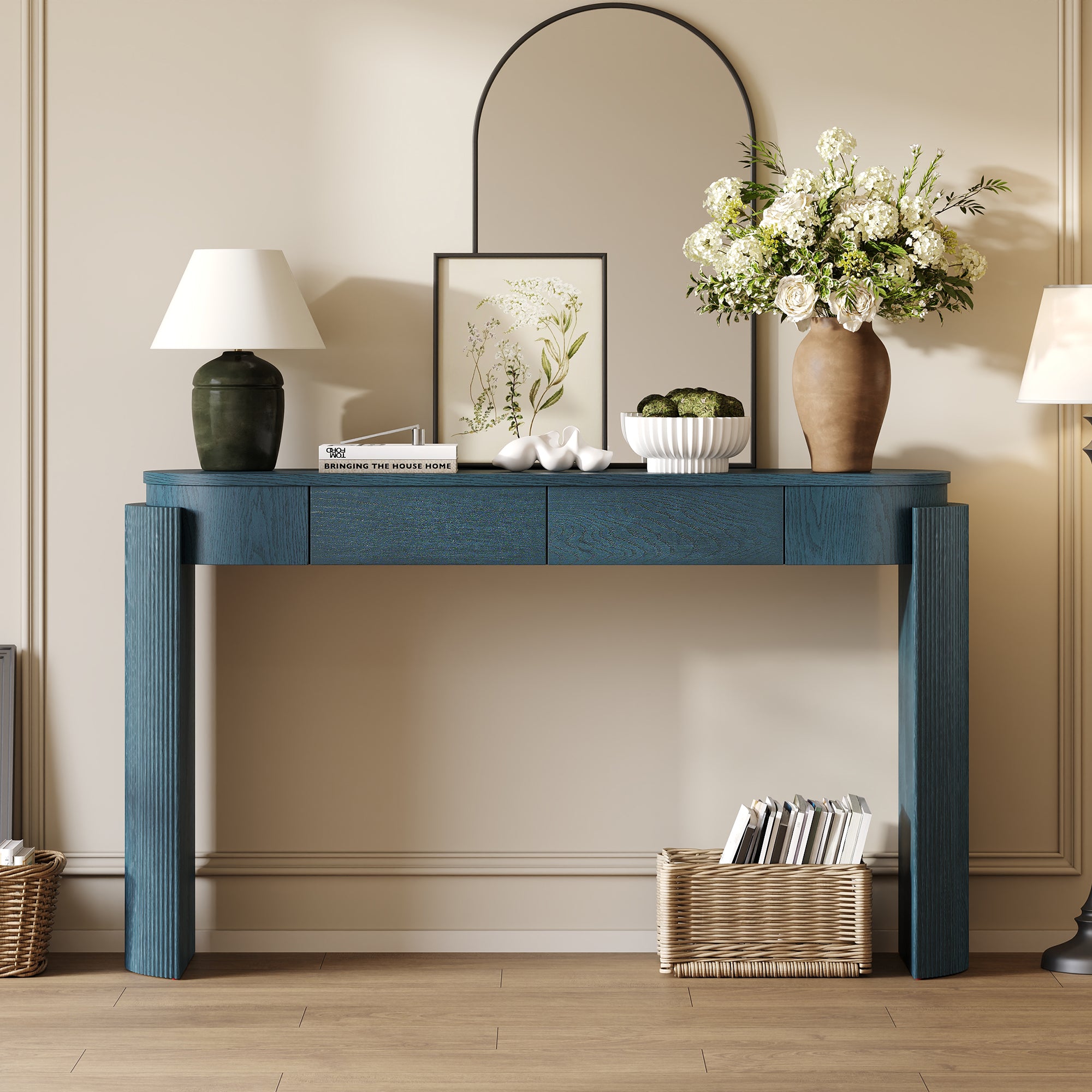 TREXM Entryway Table With Natural Wood Grain Finish  Console Table With Fluted Design  Oval Top And 2 Drawers For Entryway And Living Room  Navy