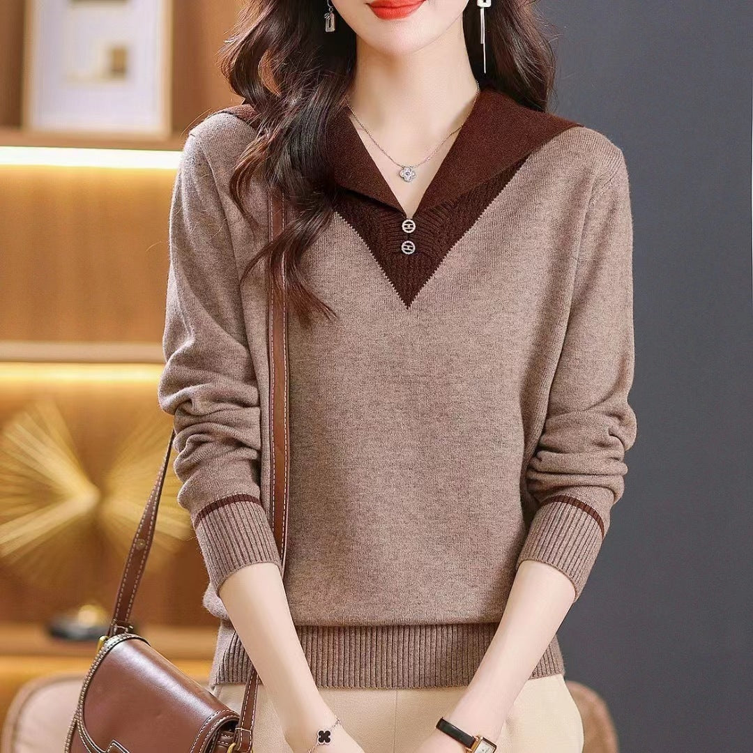 Lapel Outer Long-sleeves Knitted Pullover Sweater