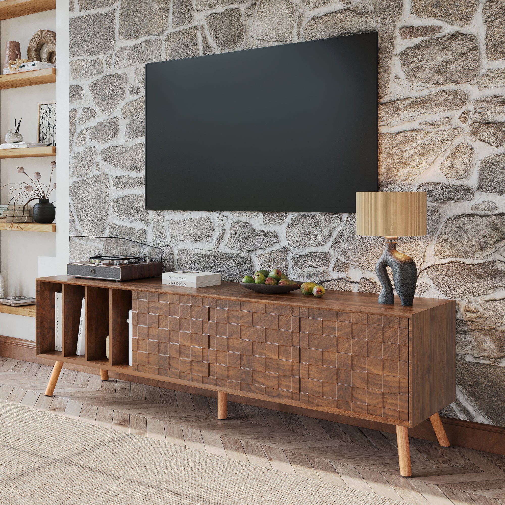 70 Mid-Century Modern TV Stand, Media Console Table For TVs Up To 80, Entertainment Center With 5 Solid Wood Legs For Living Room, Bedroom
