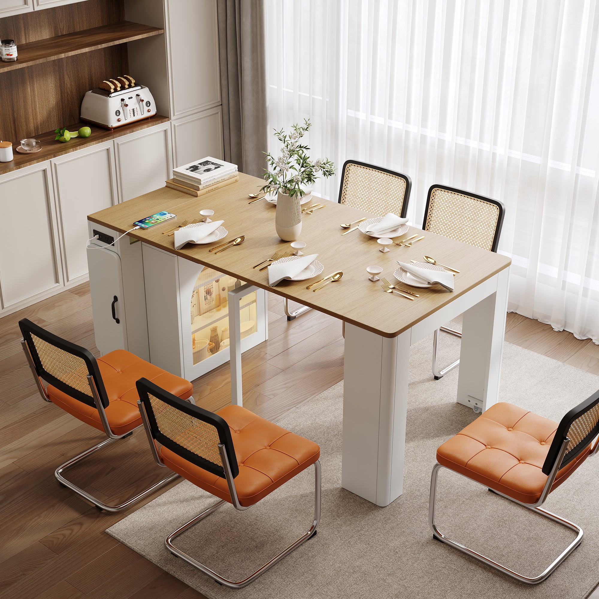 TREXM Extendable Dining Table With 3 Removable Middle Leaves  Mobile Rolling Island Table With Power Outlet  Saving-space Cabinet With Storage For Dining Room And Living Room  CREAM WHITE AND NATURAL