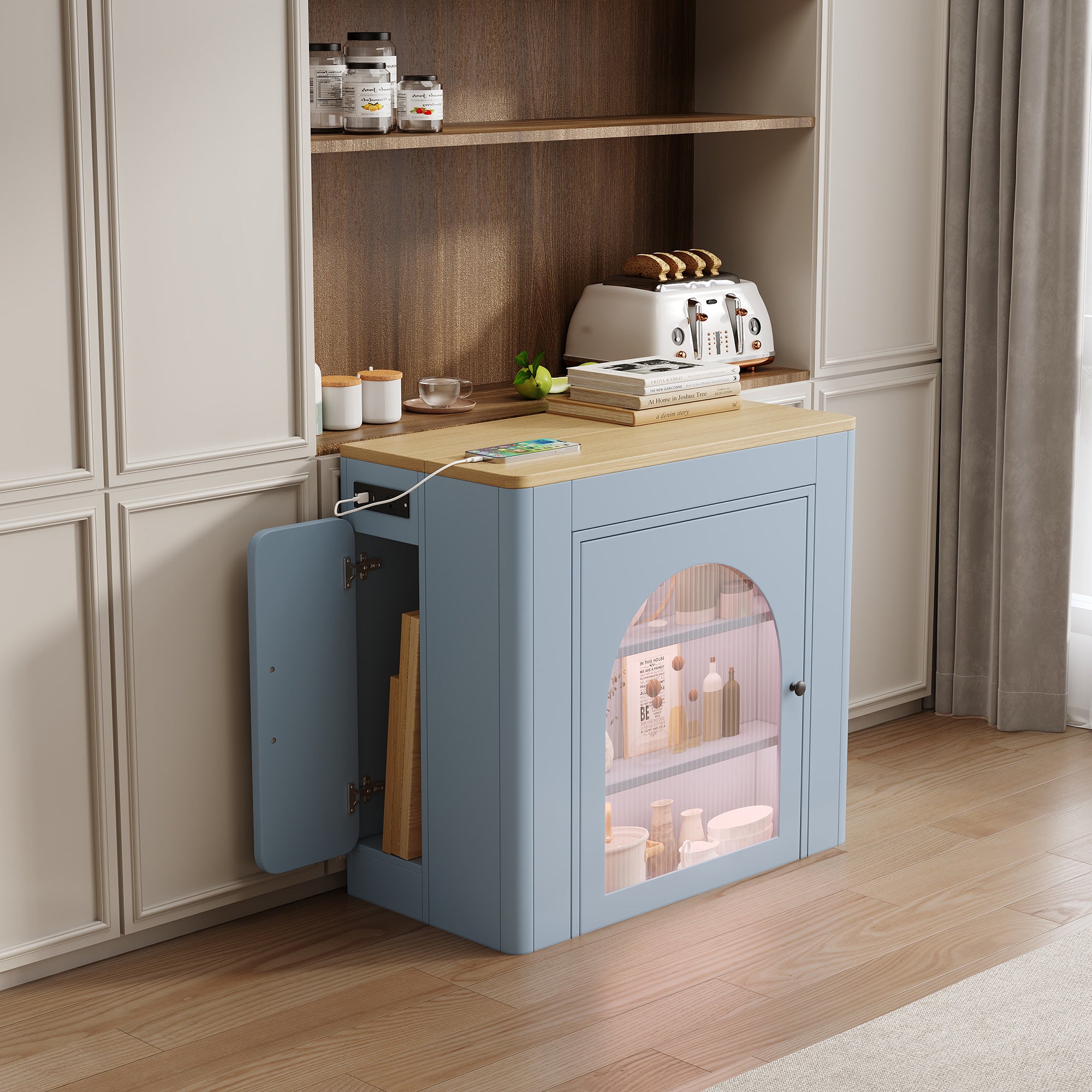 TREXM Extendable Dining Table With 3 Removable Middle Leaves  Mobile Rolling Island Table With Power Outlet  Saving-space Cabinet With Storage For Dining Room And Living Room  GREY BLUE AND NATURAL