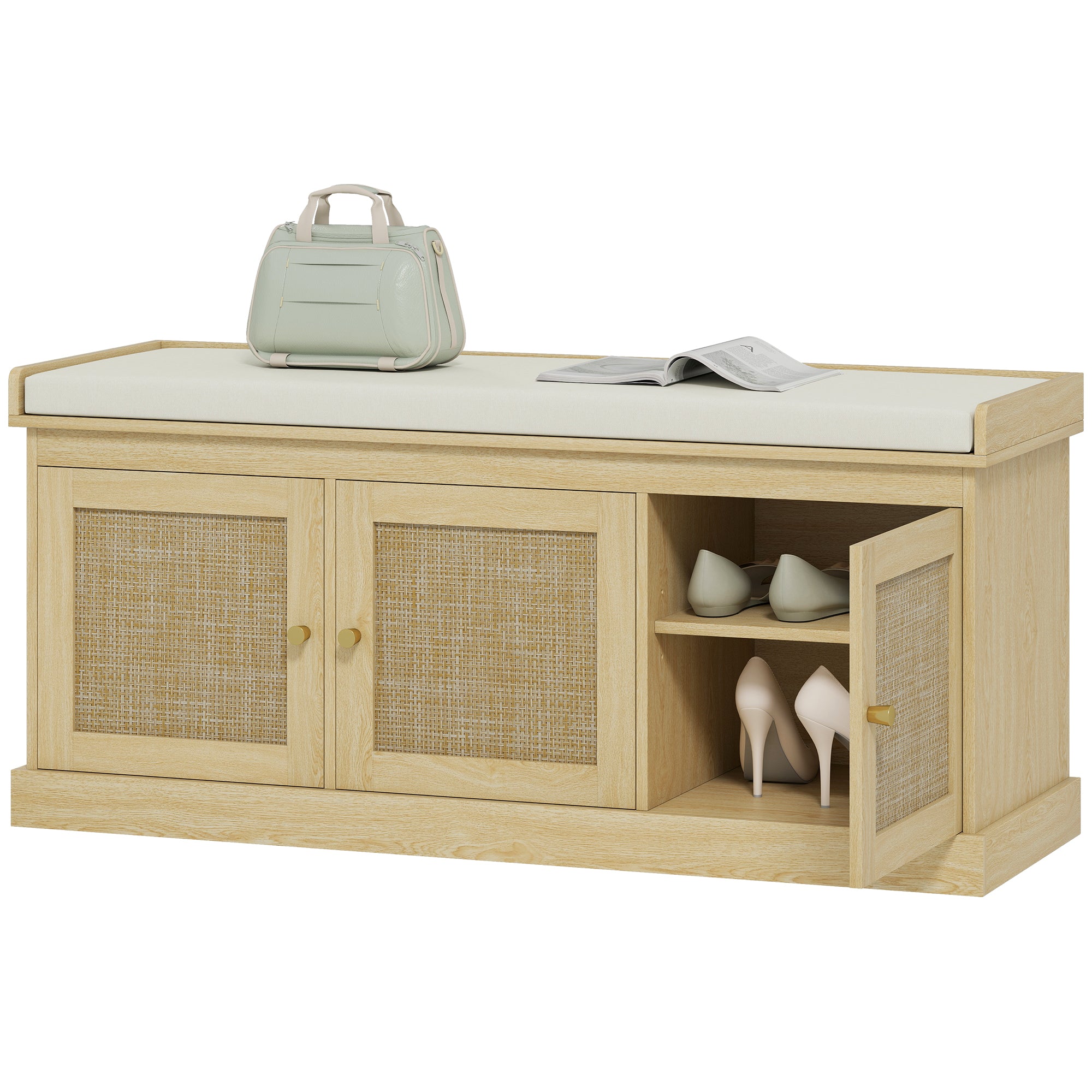 Shoe Storage Bench With Woven Rattan Doors, Shoe Bench