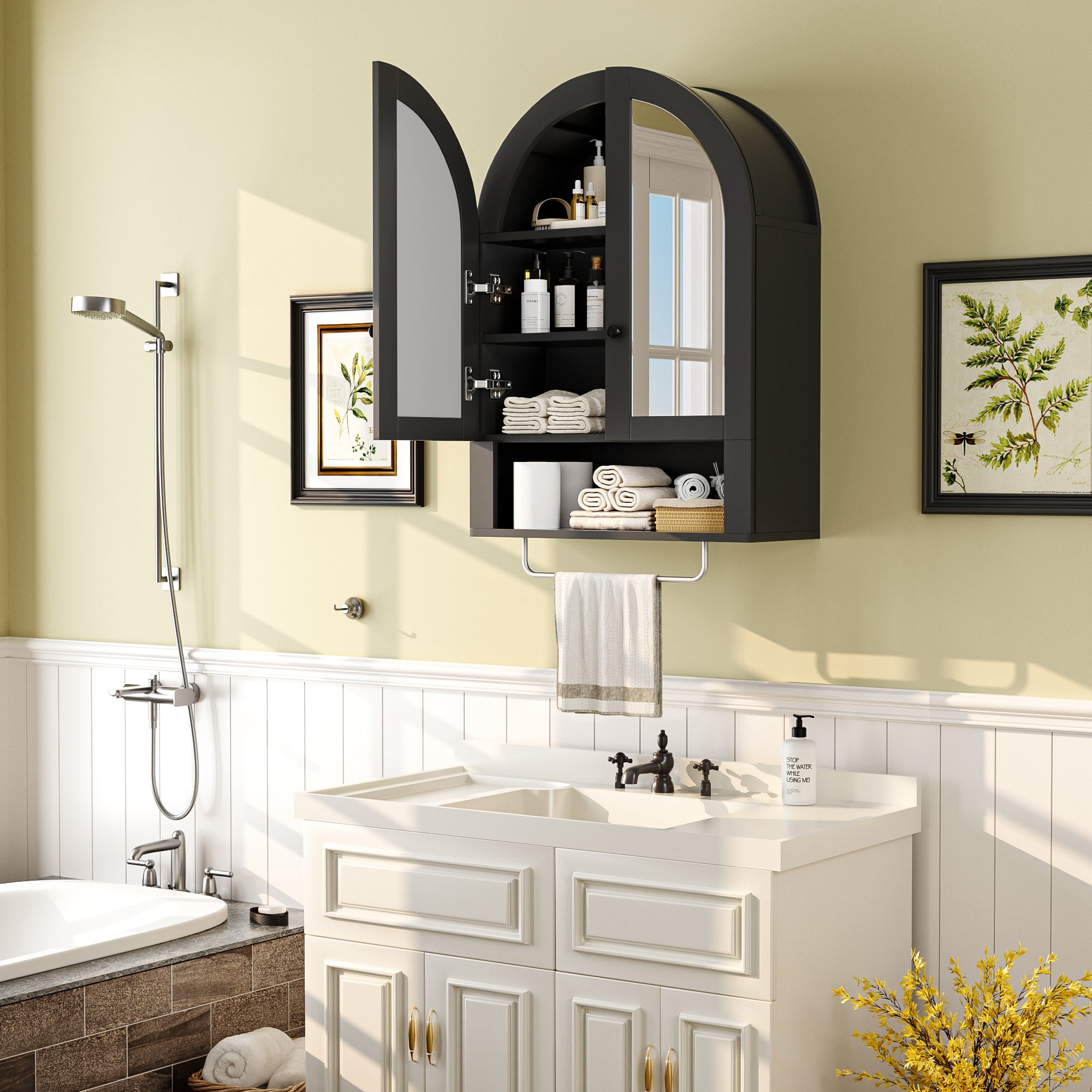 Wall Mounted Arched Cabinet With Mirrored Doors And Adjustable Shelves For Laundry Room, Bathroom, Kitchen