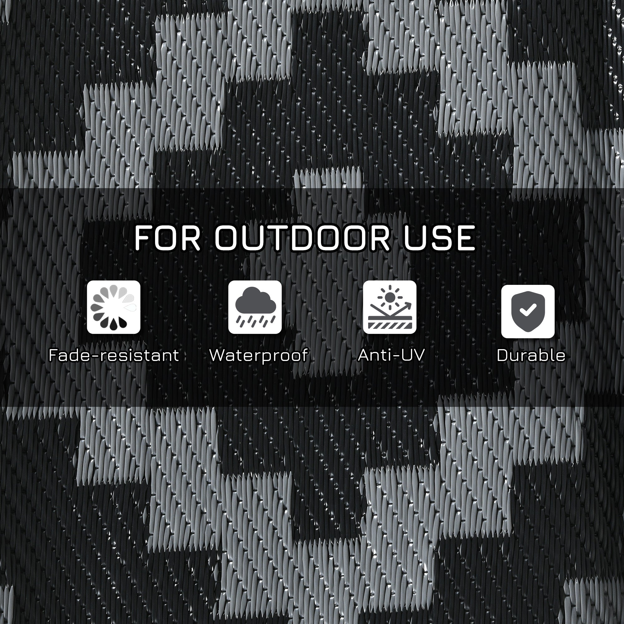 Reversible Outdoor Rug Carpet RV Camping Rugs with Carry Bag, 9' x 18', Black & Gray Geometric