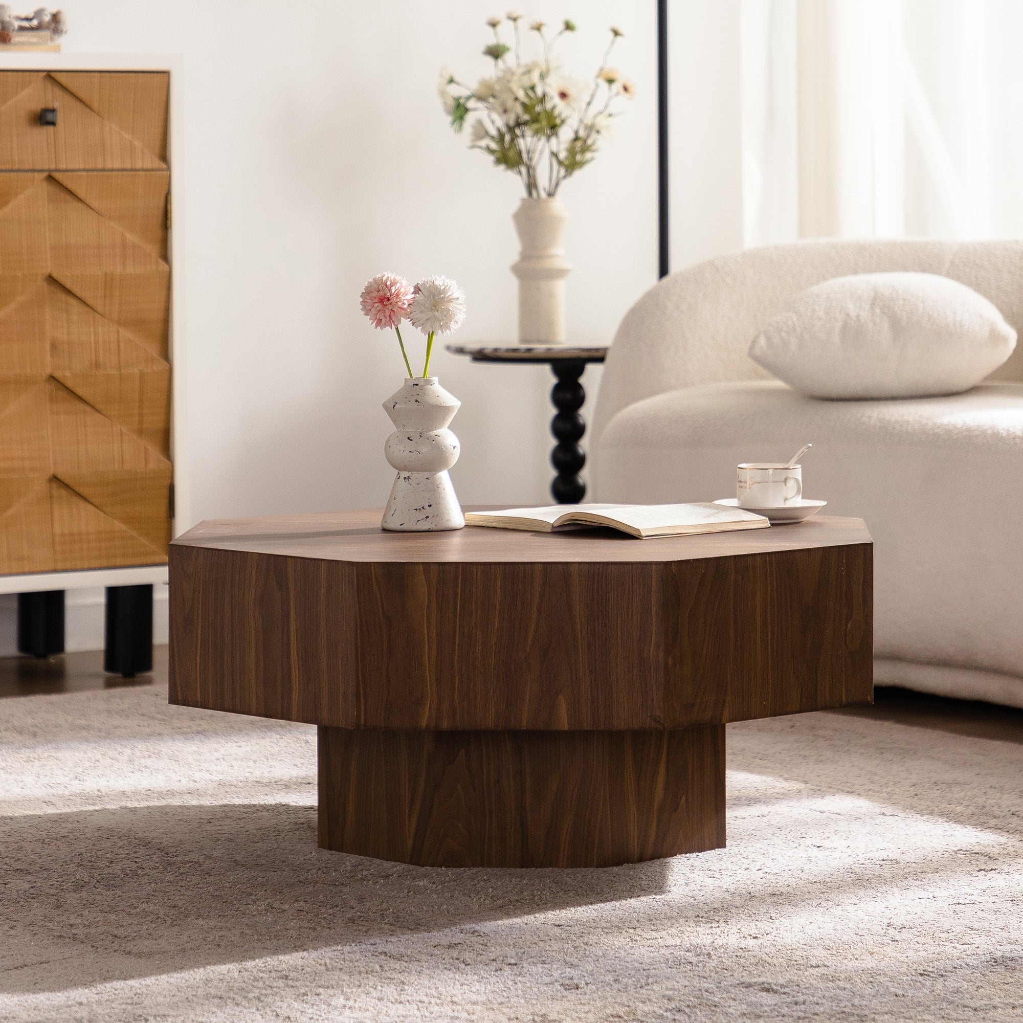 30.51 Inch Coffee Table Wooden Octagonal-Shaped For Living Room Walnut Suitable For Bedroom, Living Room, Office