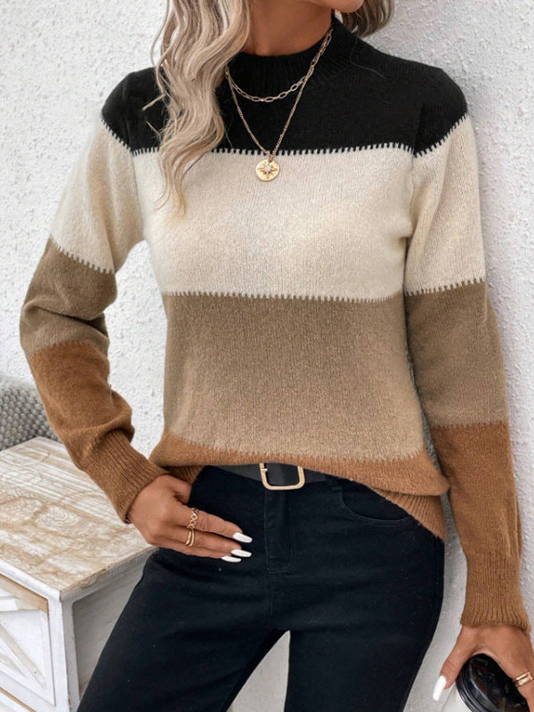 Contrast Color Pullover Round Neck Long Sleeves Knitwear Casual Sweater