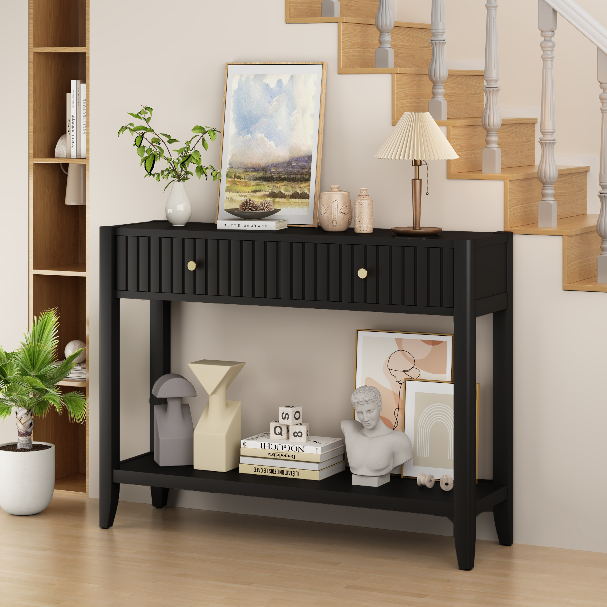 Console Table With Drawers, Narrow Wood Accent Sofa Table Entryway Table With Storage Shelf For Entryway, Front Hall, Hallway, Living Room, Black