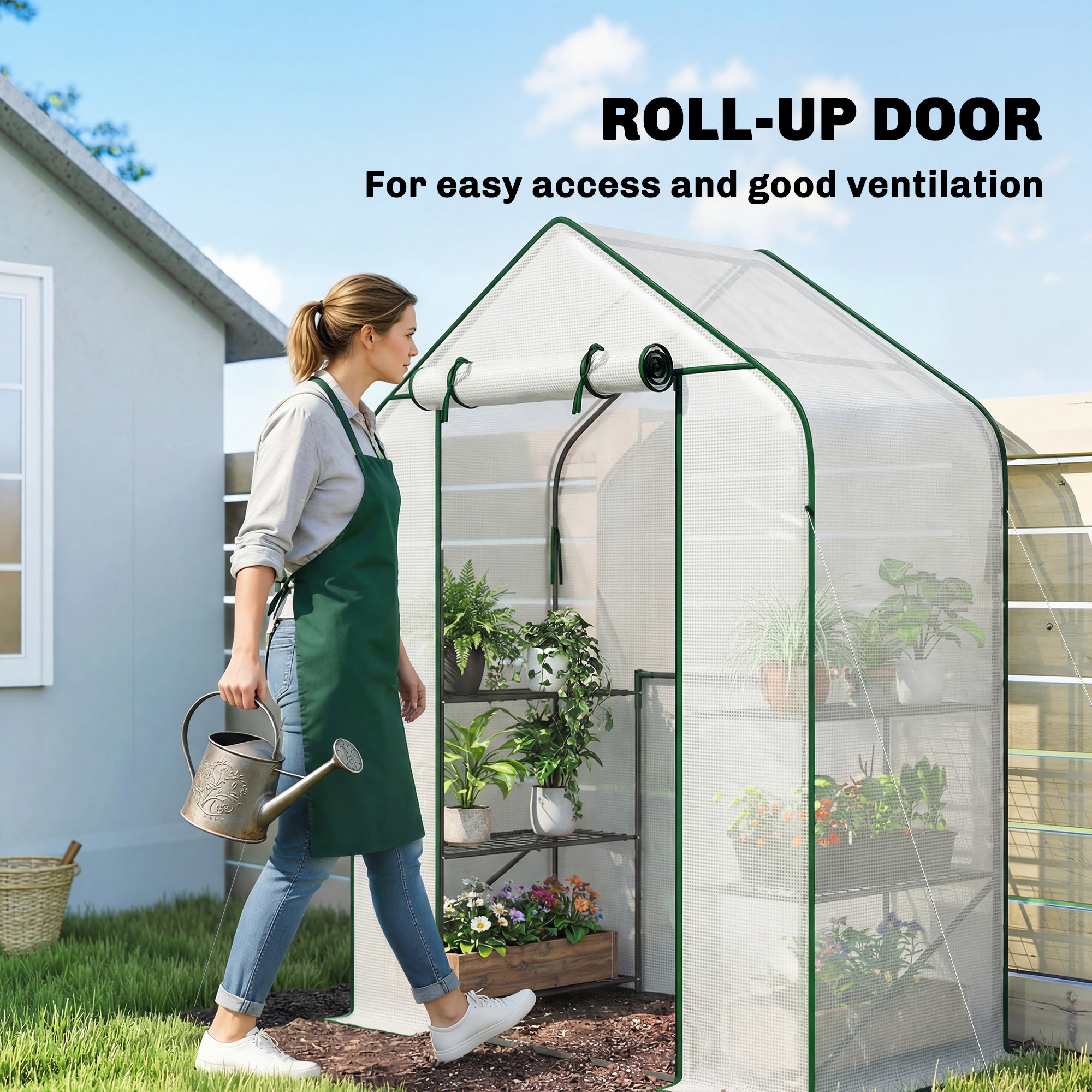 Greenhouse for Outdoors, Portable Greenhouse with 6 Shelves, UV-resistant PE Cover, Roll-up Door, White