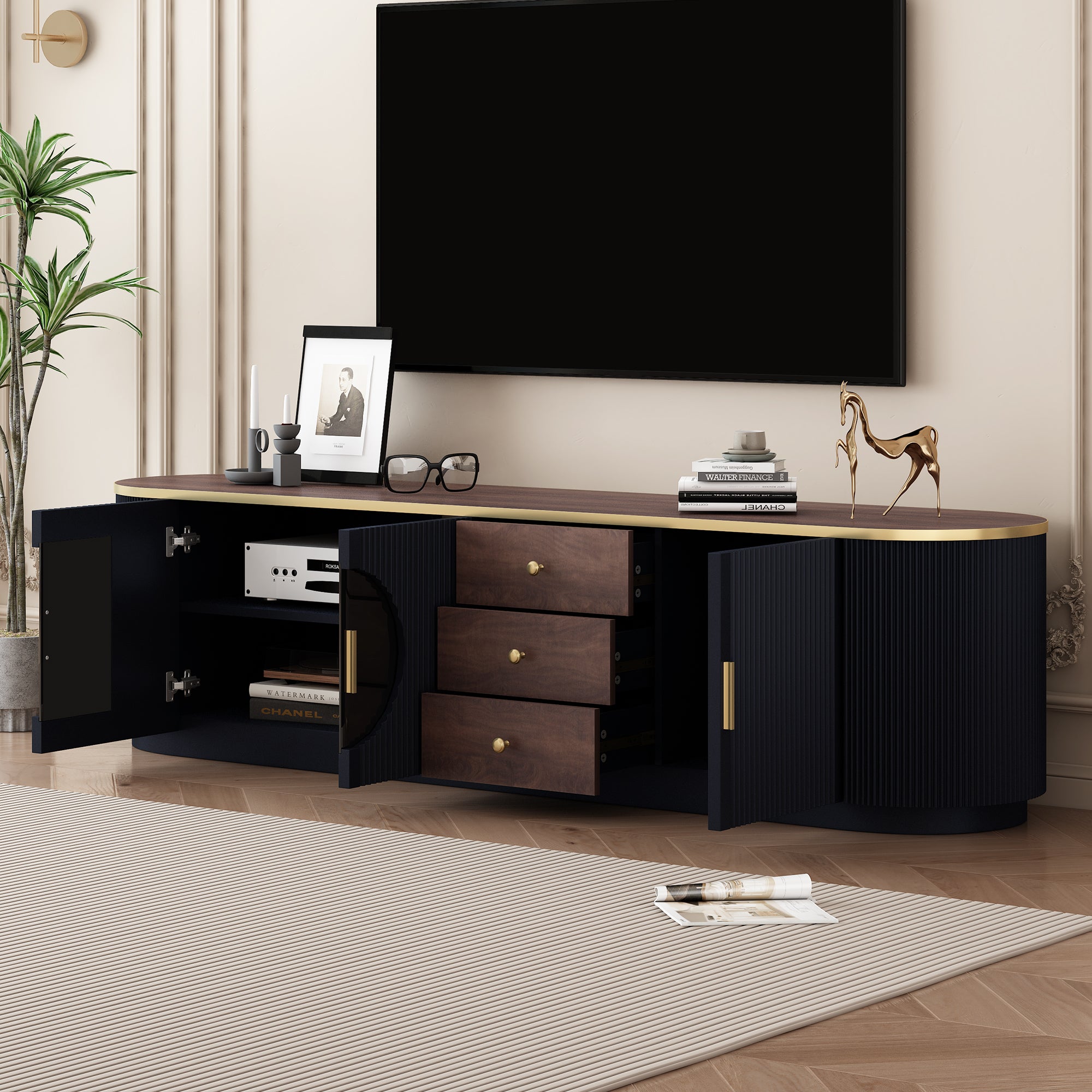 VIBE HAUS 70.8 Modern Minimalist TV Stand For TVs Up To 80 Inches, Entertainment Center With 3 Drawers And 1 Shelf, Metal Handles And 2 Cabinets For Living Room