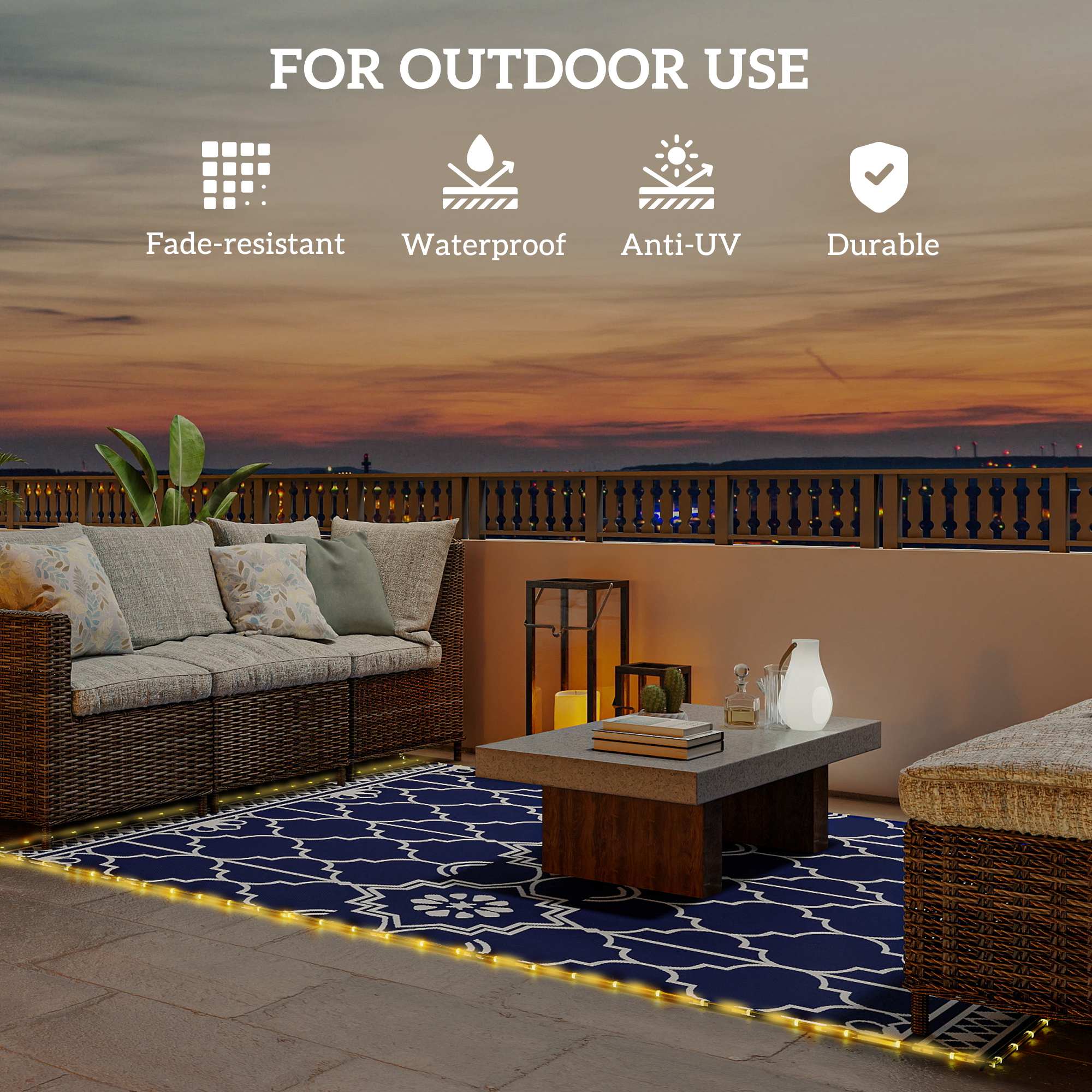 Reversible Outdoor Rug Carpet with LED Lights, 10' x 8' PP Straw Rug with Carry Bag and Ground Stakes
