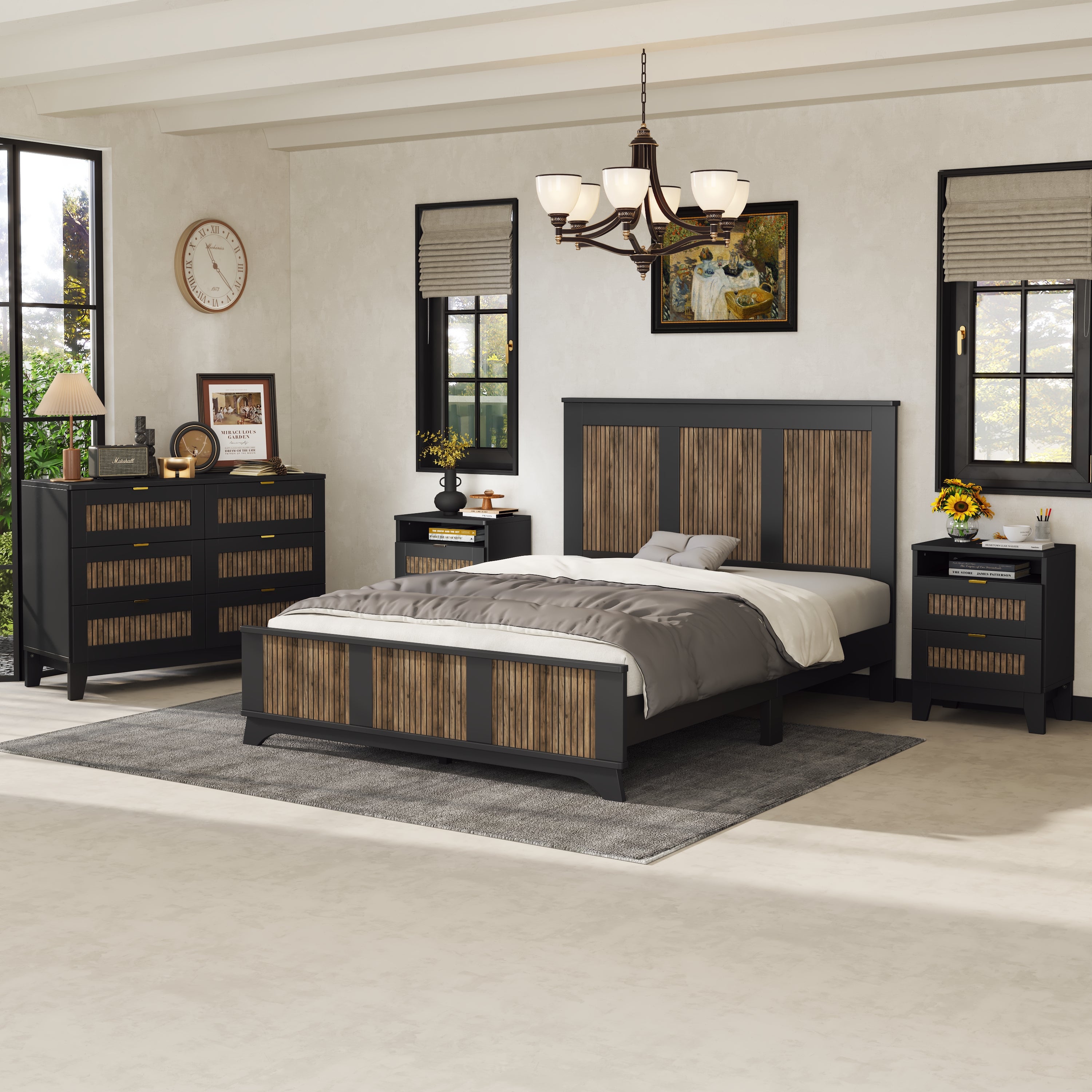 4-Pieces Bedroom Sets, Queen Size Farmhouse Platform Bed With Wooden Strip Stickers Decoration, Storage Nightstand And Dresser With Metal Handle, Black
