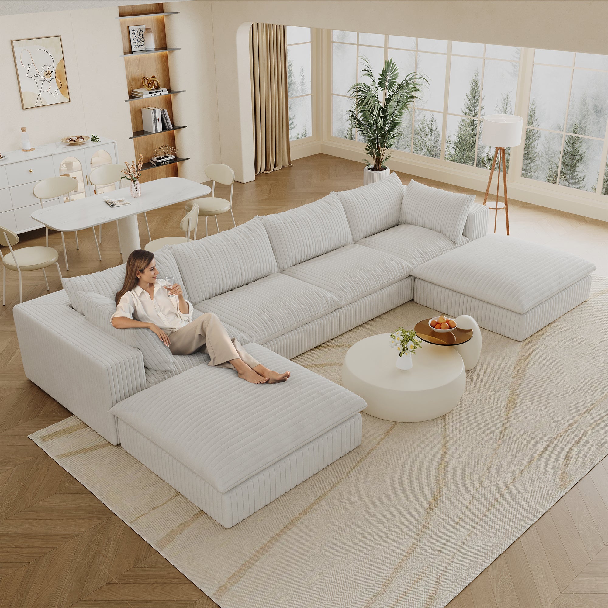 157.6Cloud Sofa,Corduroy Fabric,Deep Seat Couches,Double-layer Design,Removable  Cushion,No Assembly,DIY Combination For Living Room, Bedroom,Conference Room ,Apartment,White