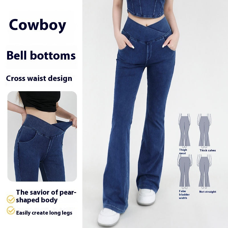 Cross Waist Jeans Women's High Elastic Hip Lifting Sport Bell-bottom Pants