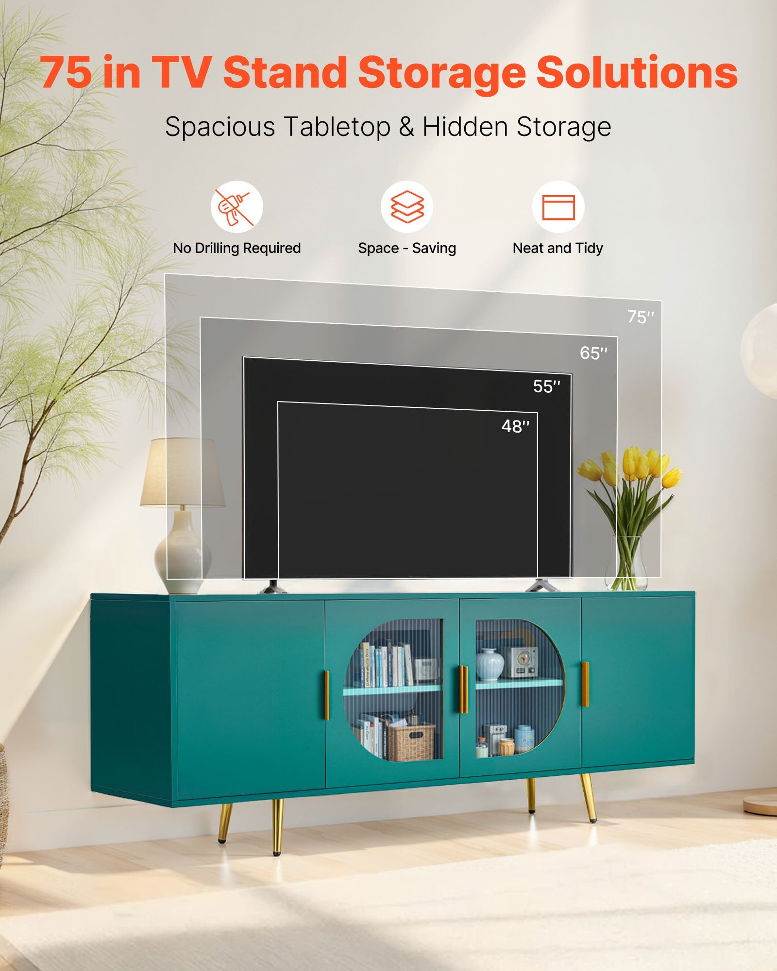 TV Stand For TVs Up To 75 Inch, Modern Entertainment Center With Glass Doors And Gold Legs, TV Cabinet Storage With Adjustable Shelves, Media Console Table For Living Room And Bedroom, Green
