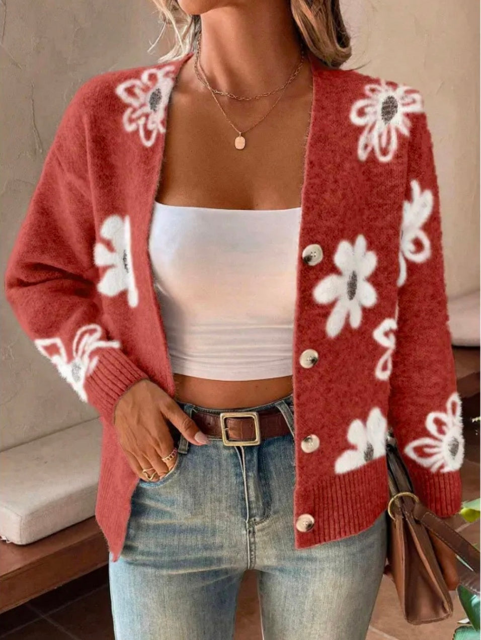 Flowers Print Button Front Cardigan