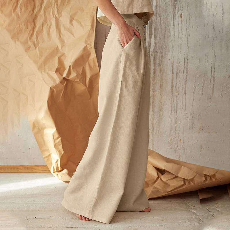 TrousersLadies' Solid High Waist Casual Button Cotton And Linen Wide Leg Trousers