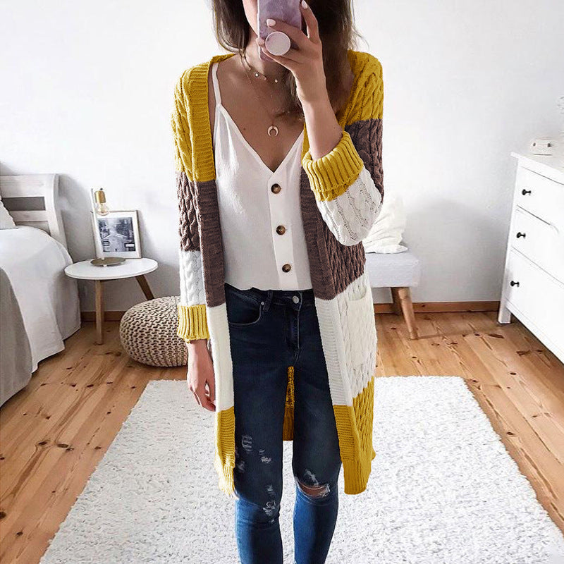 Women Stripe Stitching Contrast Twist Cardigan Sweater