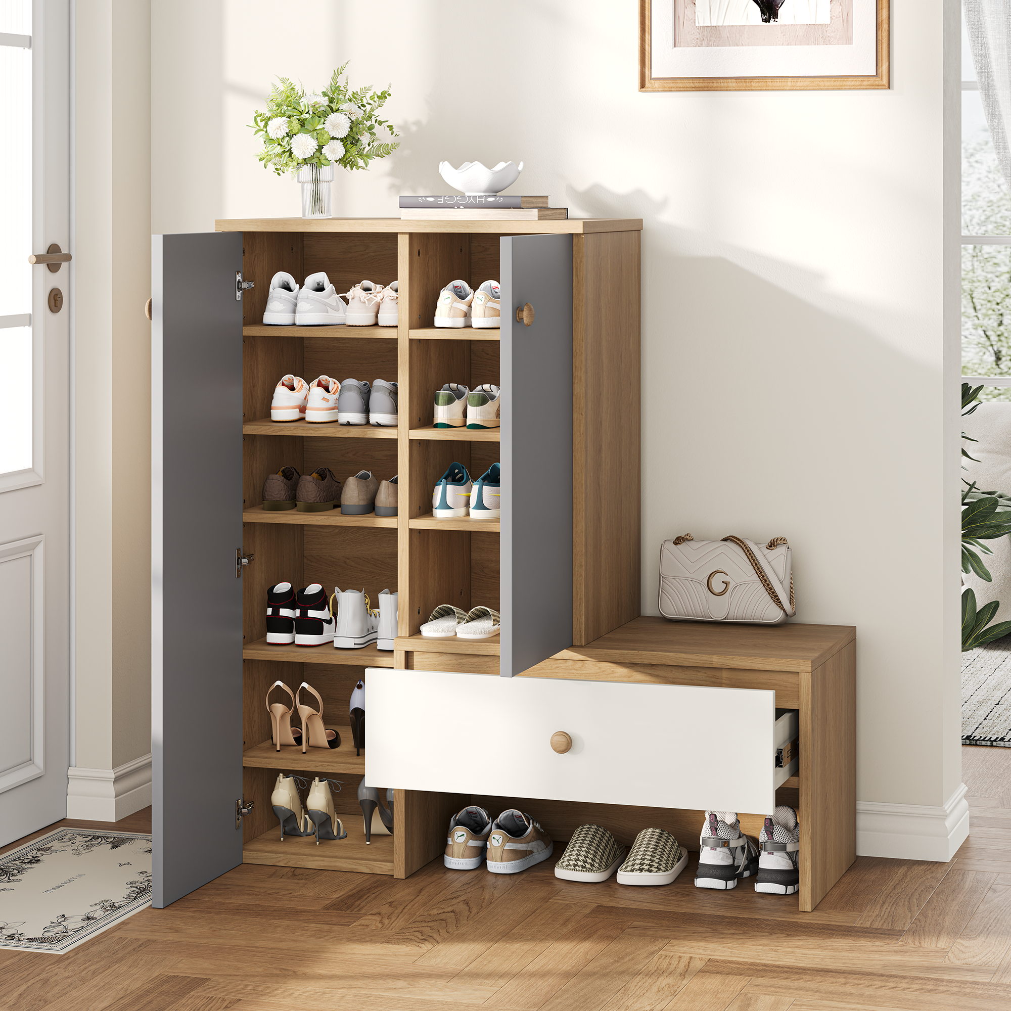 12 Pair Shoe Storage Organizer With Bench, 43.25 H Shoe Cabinets, Shoe Rack With 6-Tier Adjustable Shelves, For Entryway Hallway Closet, White & Gray