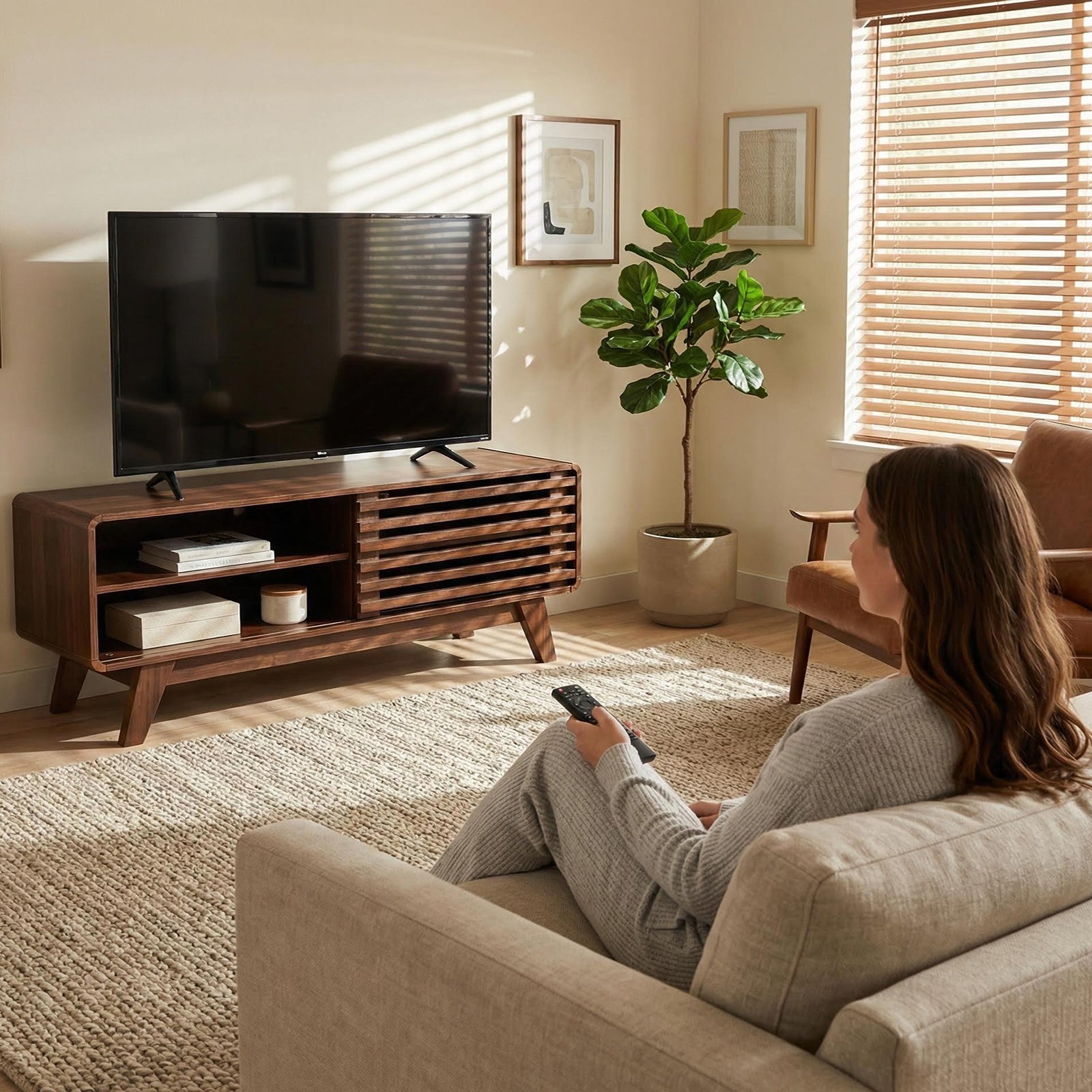 TV Stand With Storage, Entertainment Center With Slatted Sliding Door, Mid Century Modern TV Stand, Farmhouse Media Console For Living Room Walnut, 46