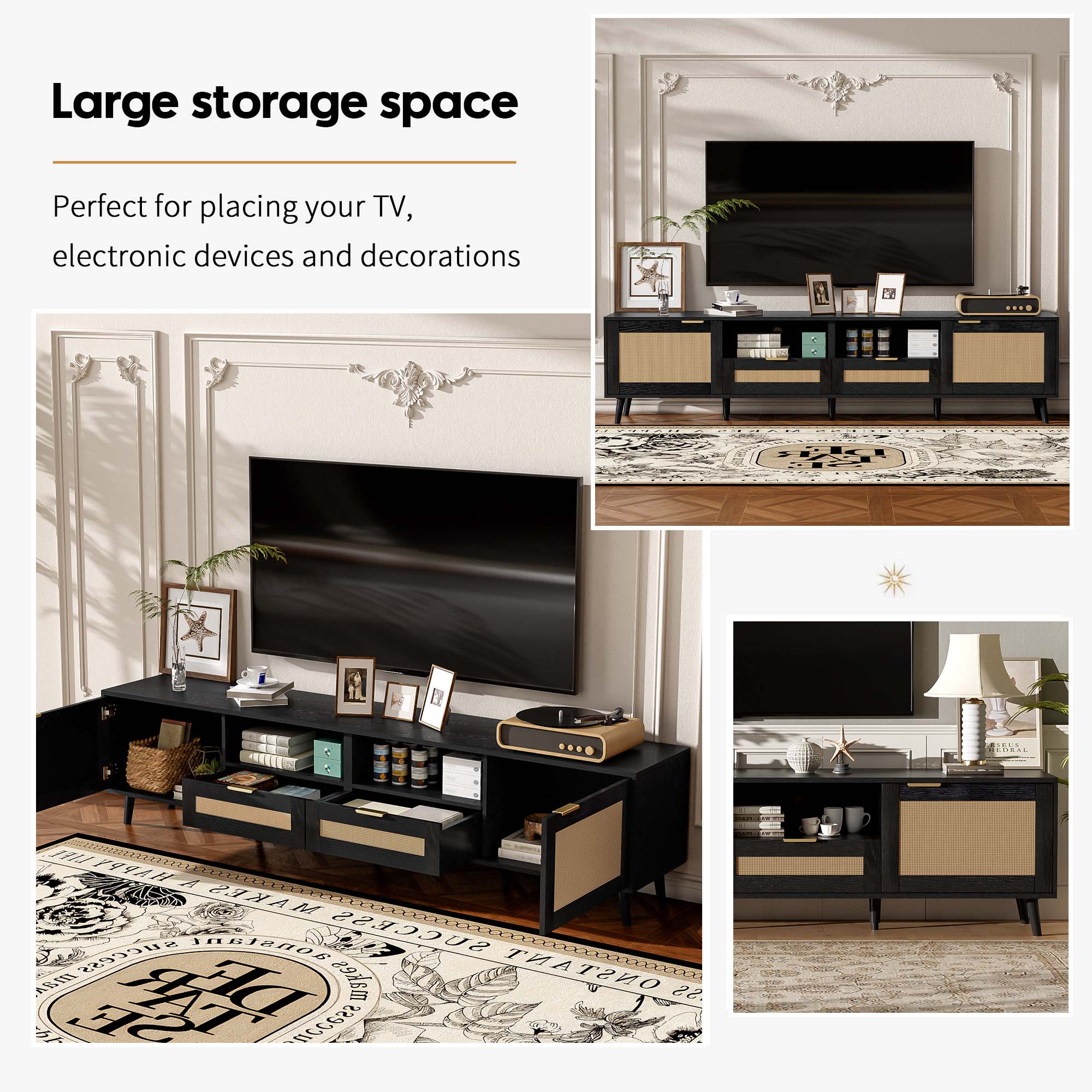 Rattan TV Stand For TVs Up To 85'', Modern Farmhouse Media Console, Entertainment Center With Solid Wood Legs, TV Cabinet For Living Room,Home Theatre