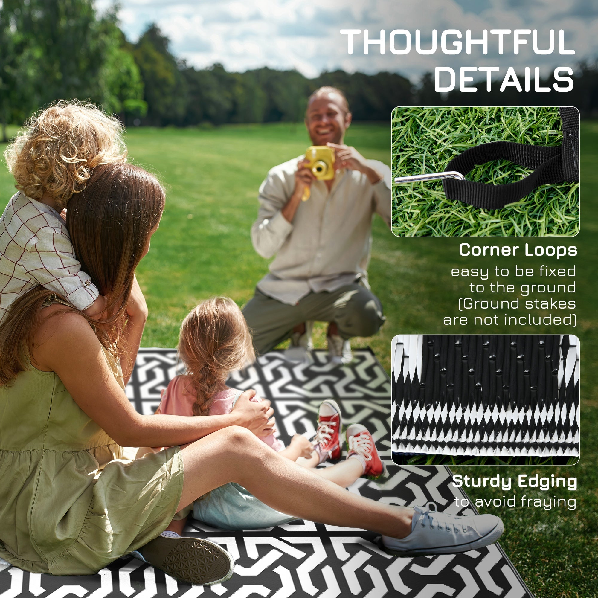 Reversible Outdoor Rug Carpet RV Camping Rugs with Carry Bag, 9' x 18', Black & White Chain