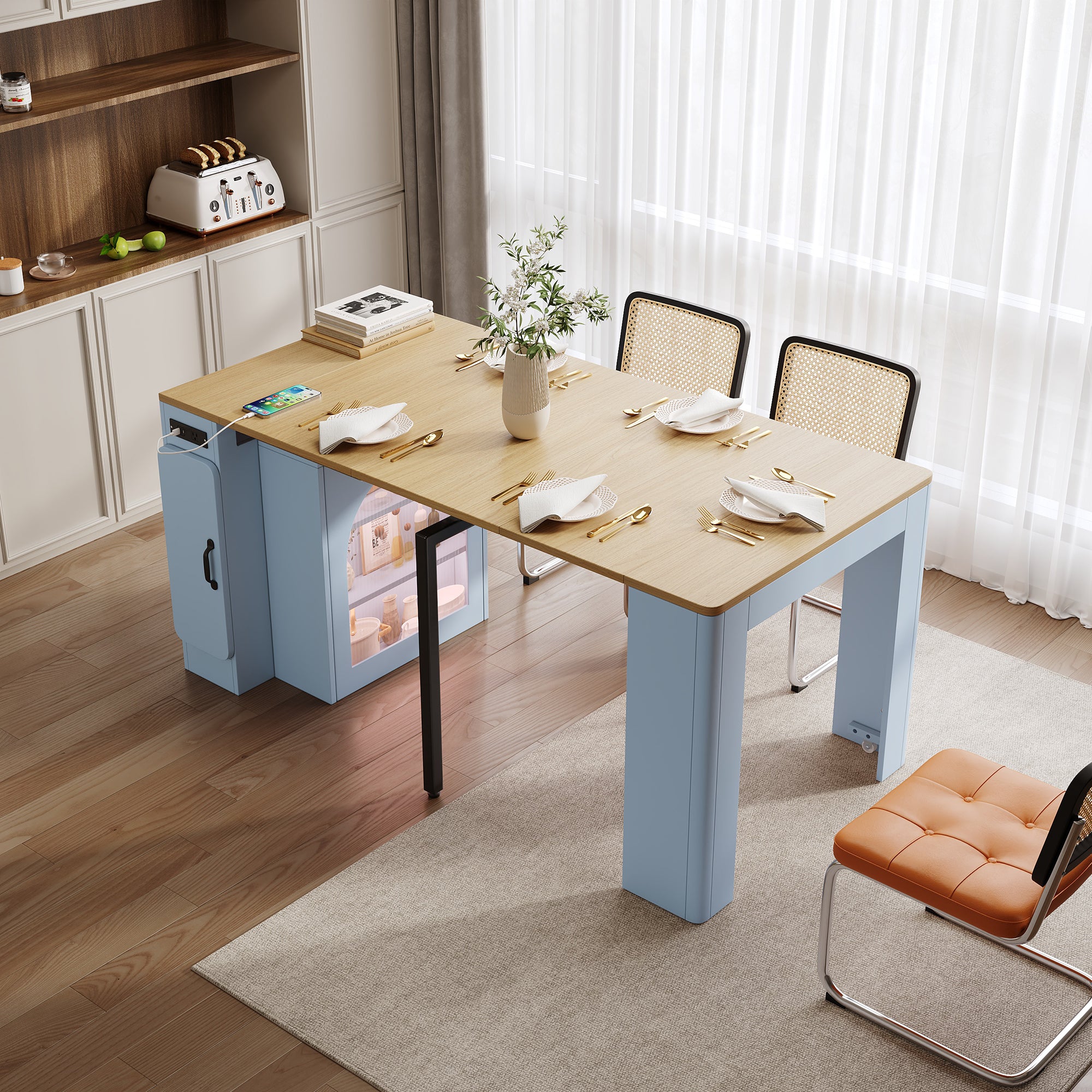 TREXM Extendable Dining Table With 3 Removable Middle Leaves  Mobile Rolling Island Table With Power Outlet  Saving-space Cabinet With Storage For Dining Room And Living Room  GREY BLUE AND NATURAL