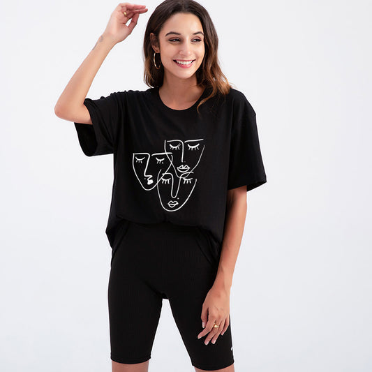 Women's Loose Printed T-shirt With Characteristic Line Face Mask