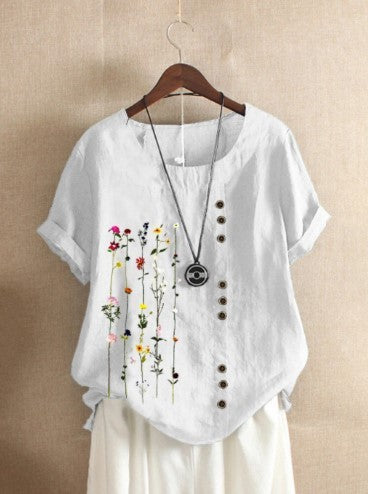 Retro Cotton And Linen Printed Loose Short-sleeved Shirt For Women