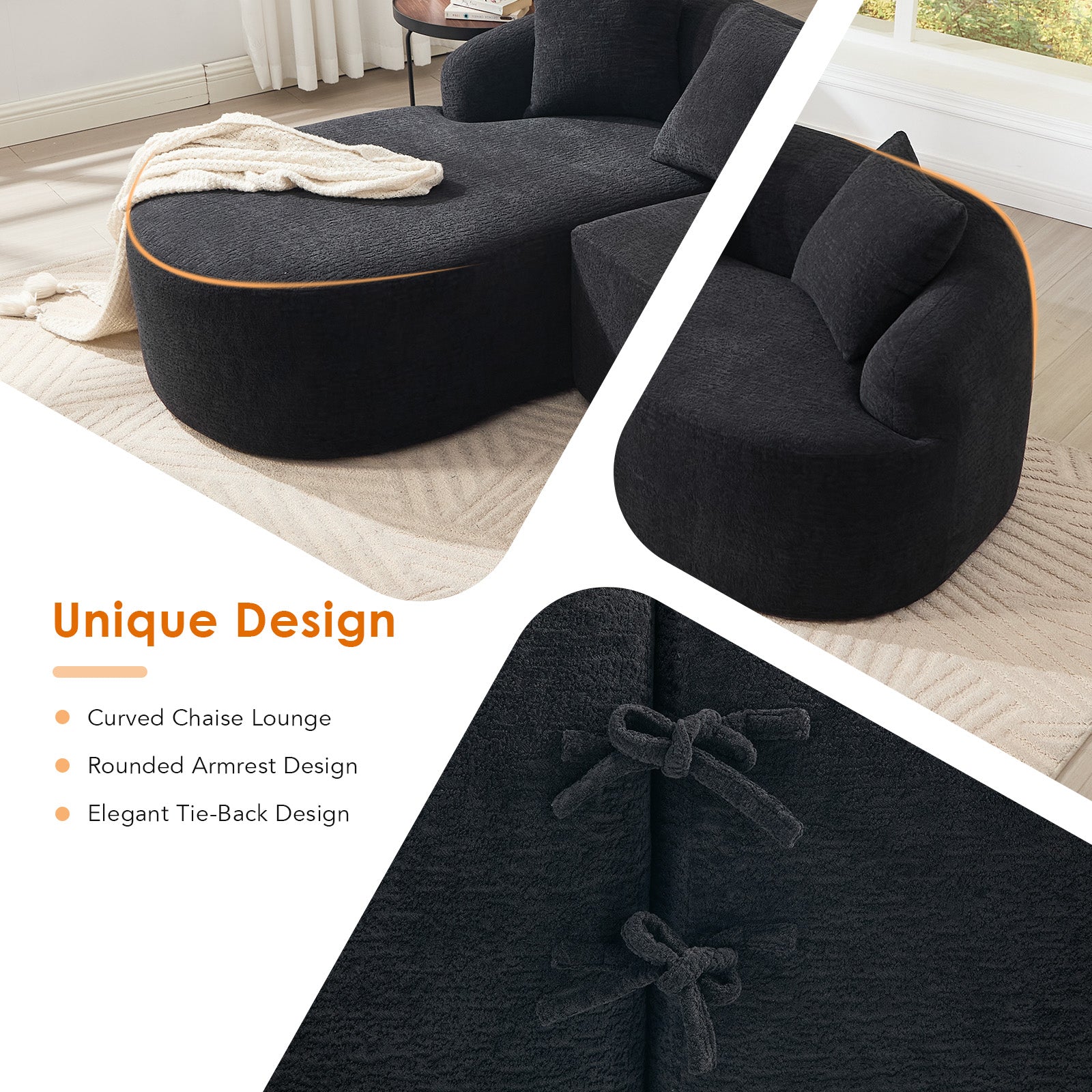 Compression L-Shape Sectional Sofa With Curved Chaise Black Modular Chenille Boneless N Couch 30D High-Density Foam Minimalist Modular Couches Sleeper For Living Room Bedroom Apartment Lounge.