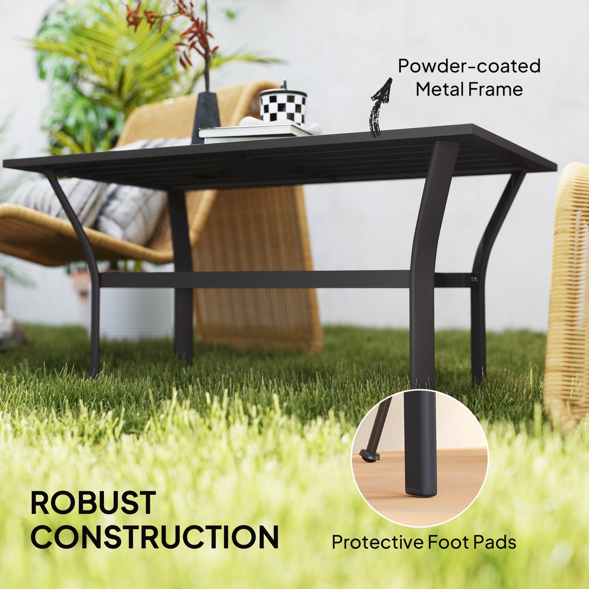 Outdoor Coffee Table with Slatted Tabletop, All-Weather Rectangle Metal Patio Coffee Table for Garden, Black