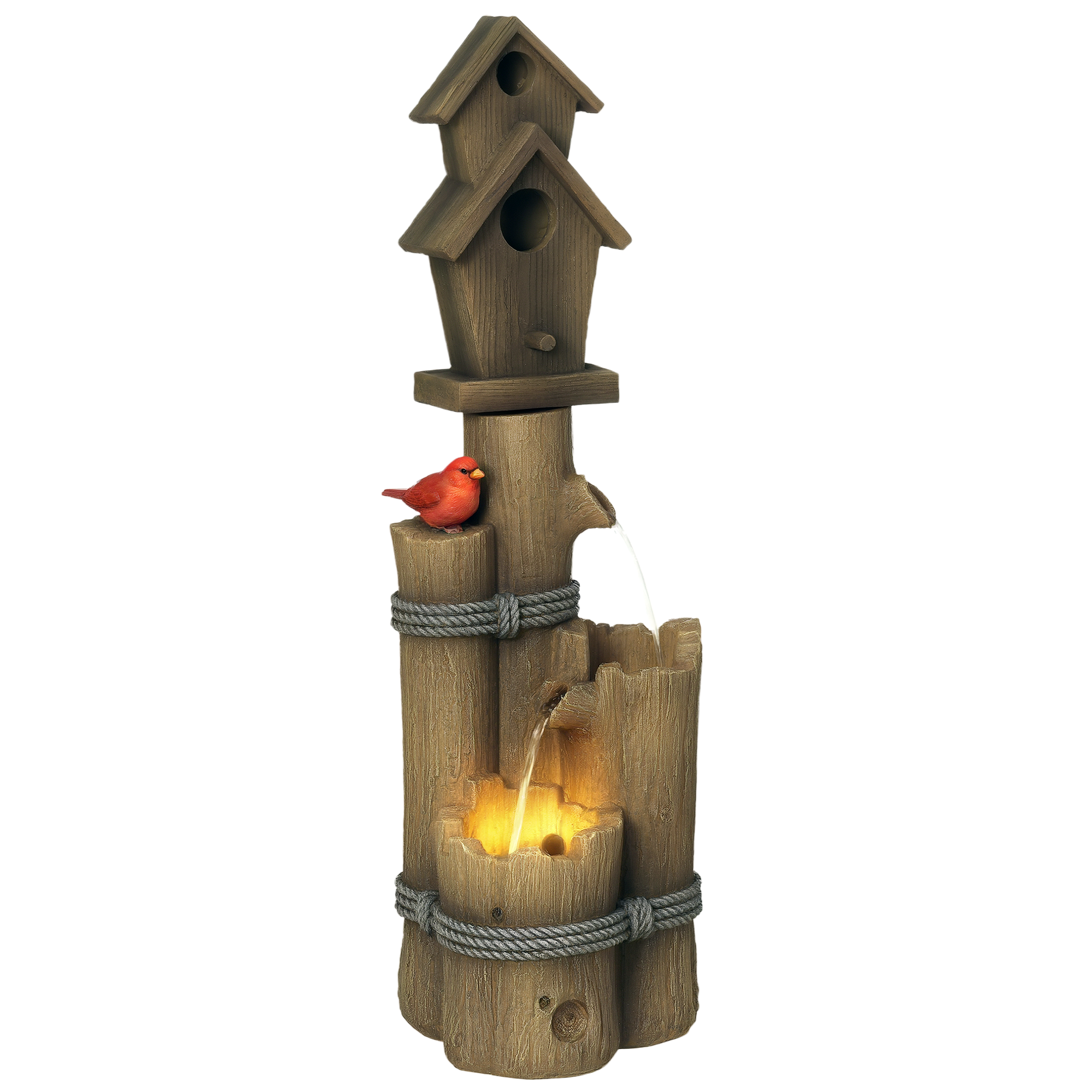 Outdoor Fountain with Birdhouse, Cascading Garden Waterfall Bird Bath with 3-Tier Rustic Tree Trunk / Log Design, LED Lights for Porch, Deck, Yard Decor, Brown