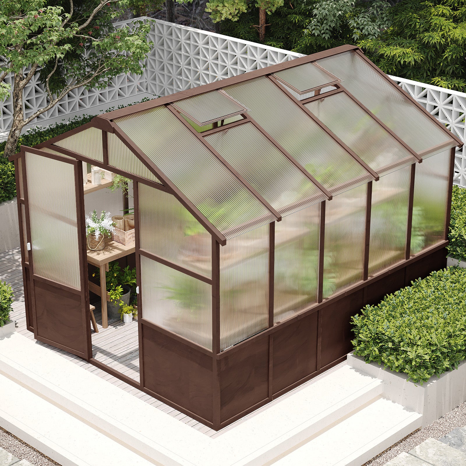 8x10 FT Greenhouse Kit, Wood Greenhouses With 6MM Polycarbonate Panel, Green House With Adjustable Vent & Lockable Door, Walk-in Greenhouse For Outside, Garden,
