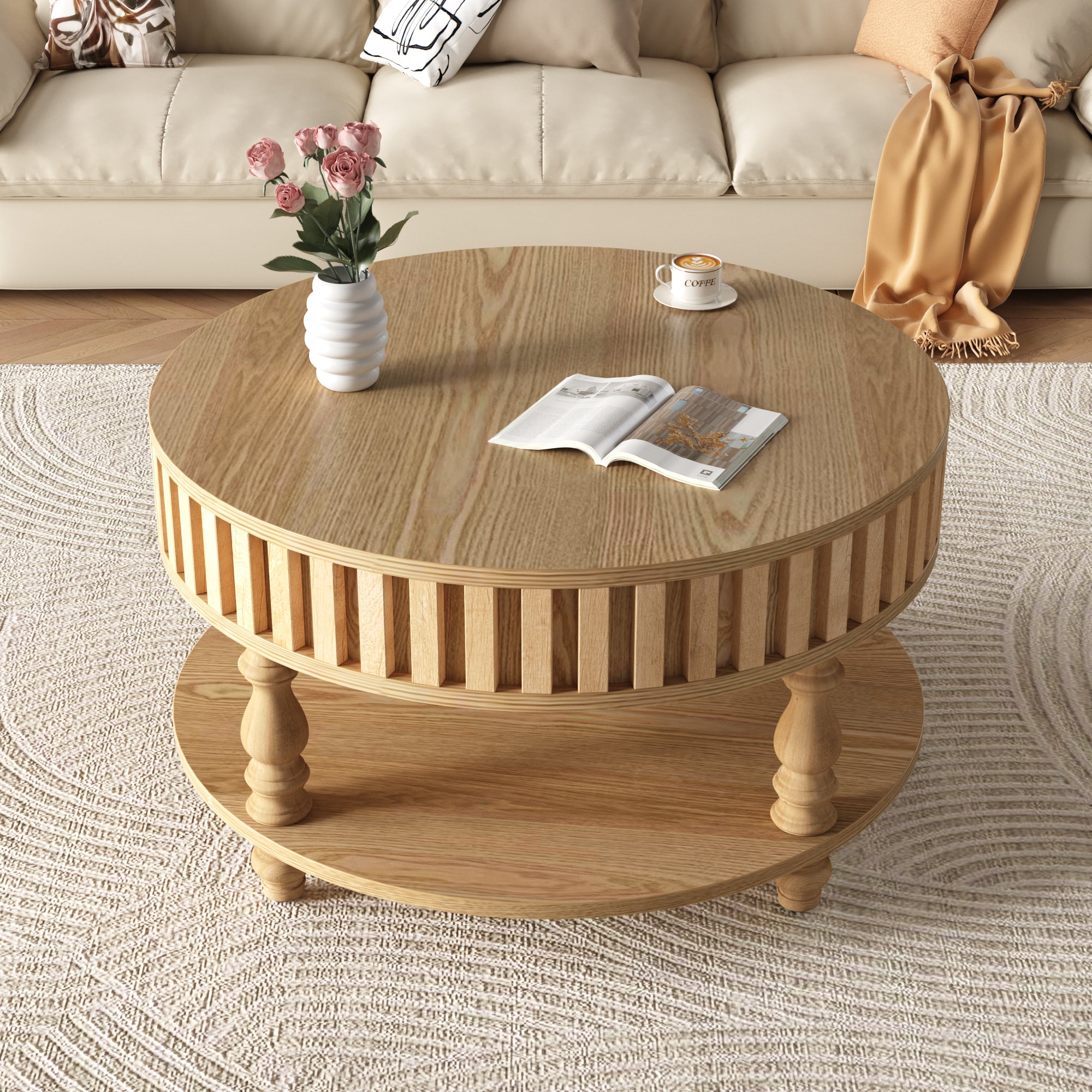 Mid Century Modern Fluted Coffee Table With Storage, Natural Wood Finish Center Table With Flip-Top Lid And Solid Wood Legs For Living Room